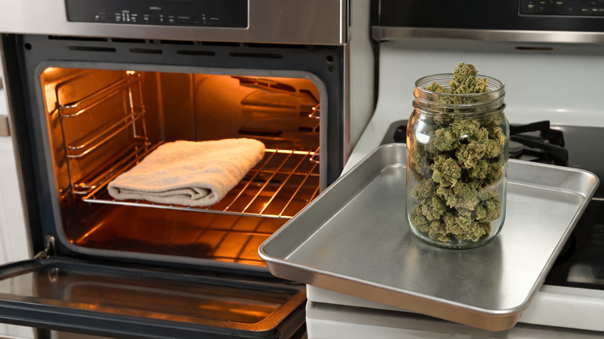 how to decarb weed using a glass jar on a baking tray beside a warm oven with towel inside