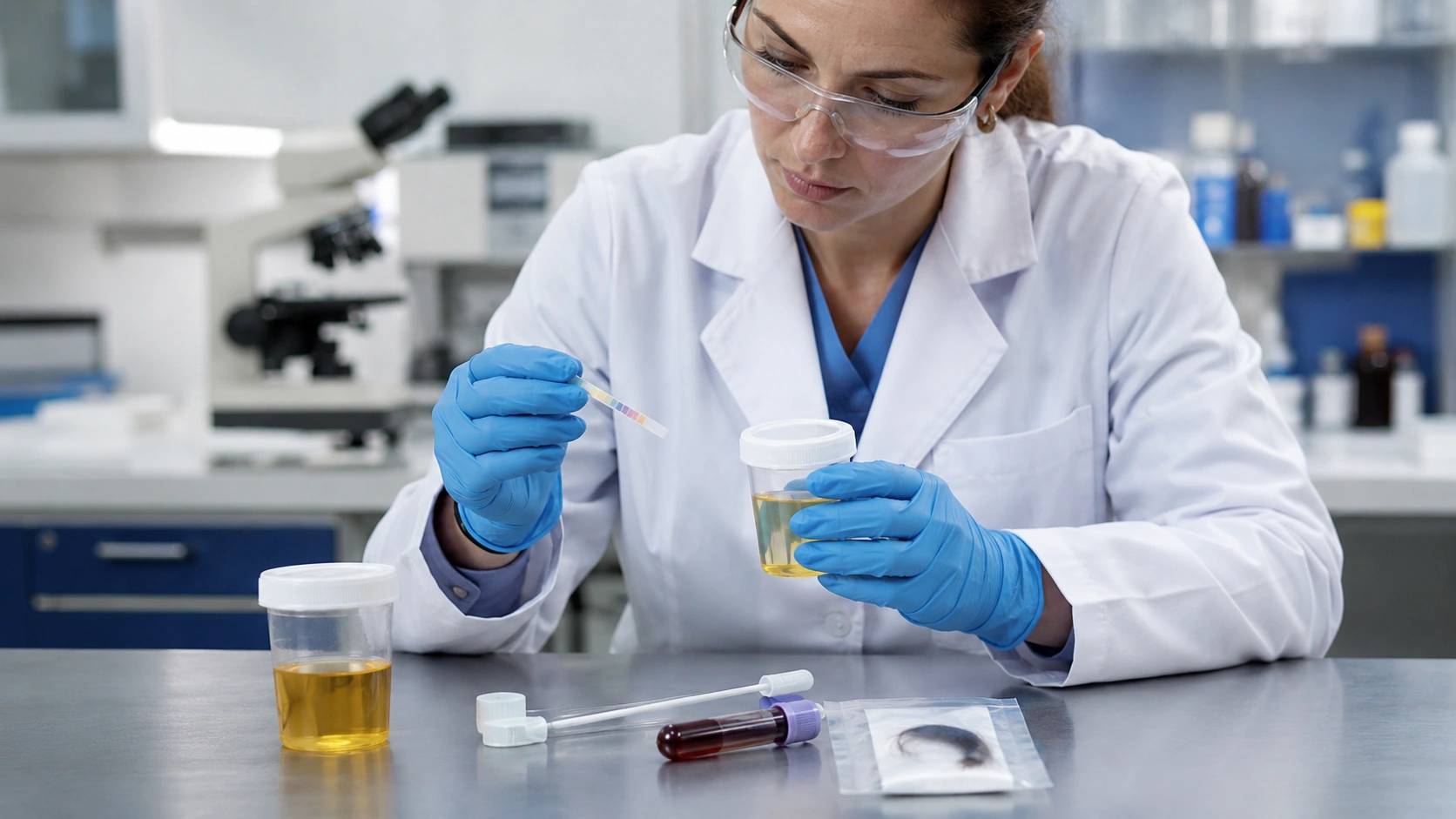 lab worker testing samples to explain how to pass a drug test safely, including urine, saliva, blood, and hair screening