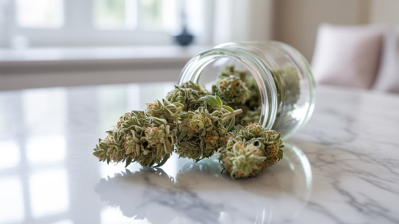 light green cannabis buds in glass jar on marble table with soft indoor daylight and clear detail