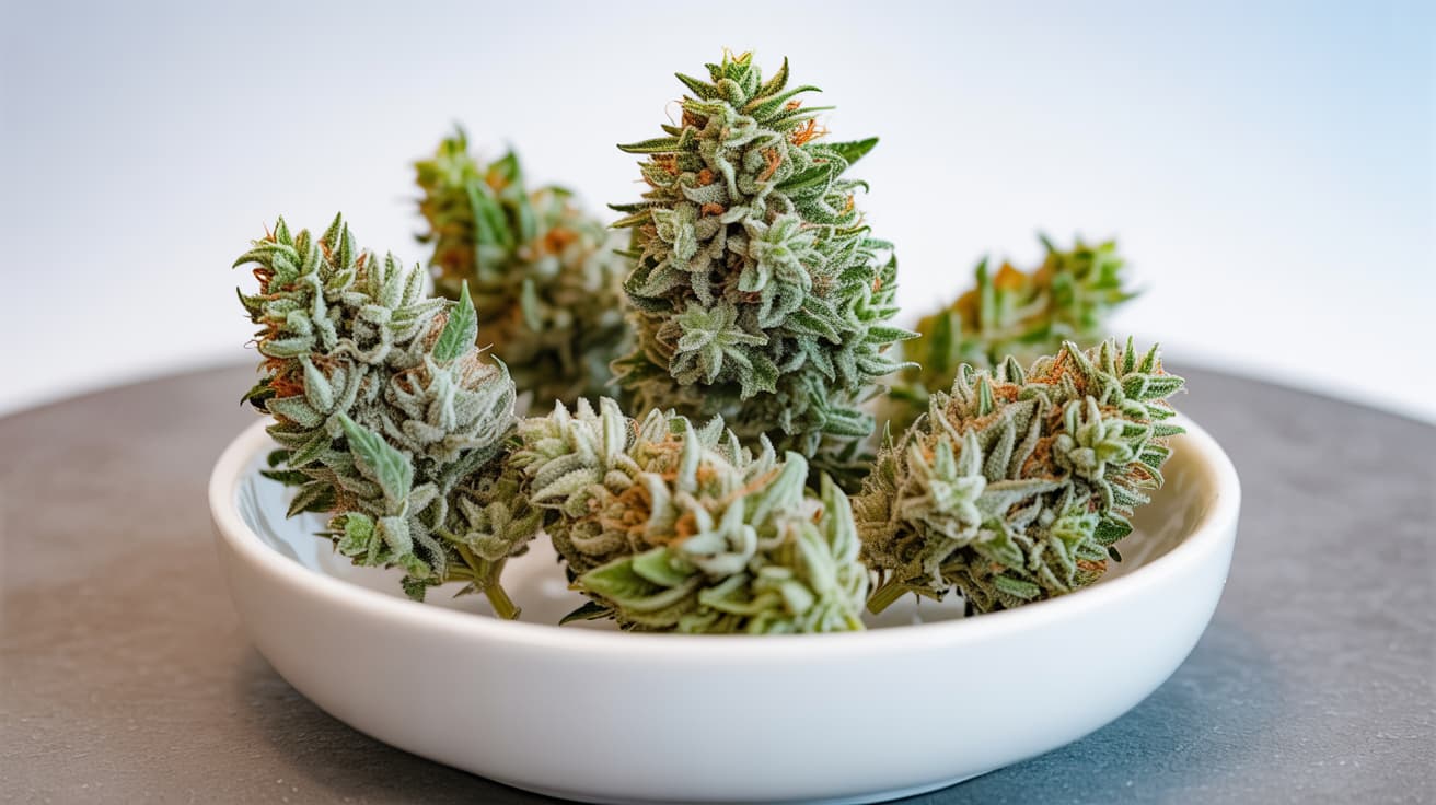 light green cannabis buds in white bowl on clean surface with bright soft lighting