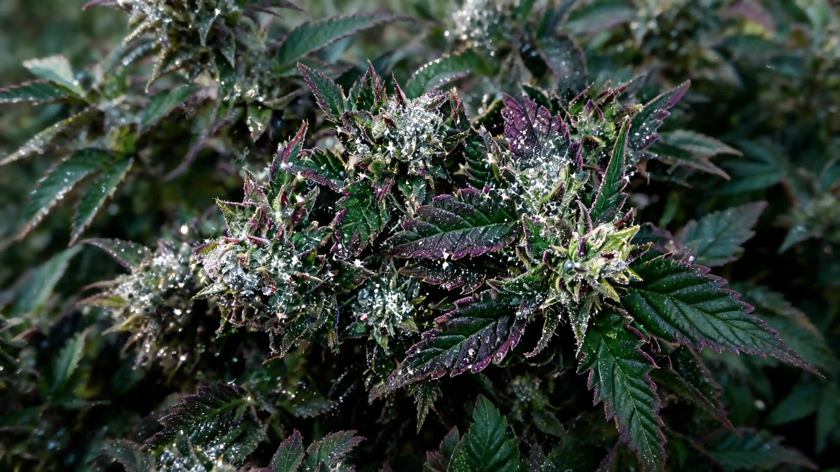 macro view of thc crystals on glitter bomb cannabis buds with berry
