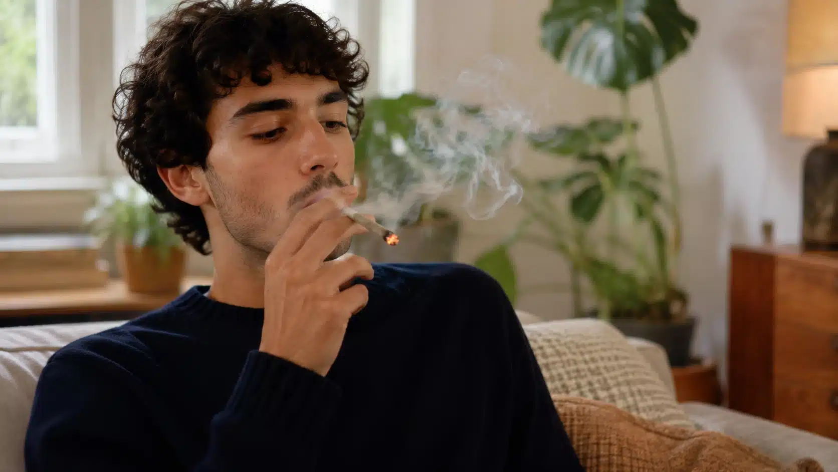 man calmly smoking a joint on a sofa in a bright living room with plants and soft natural light