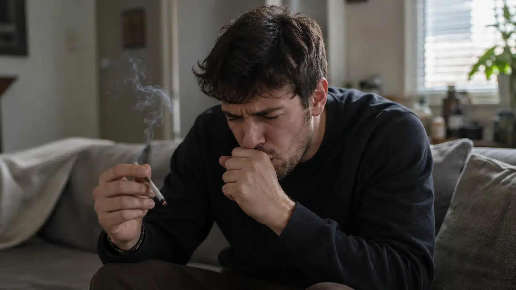 man sits on a couch coughing into his fist while holding a lit joint, with smoke rising nearby
