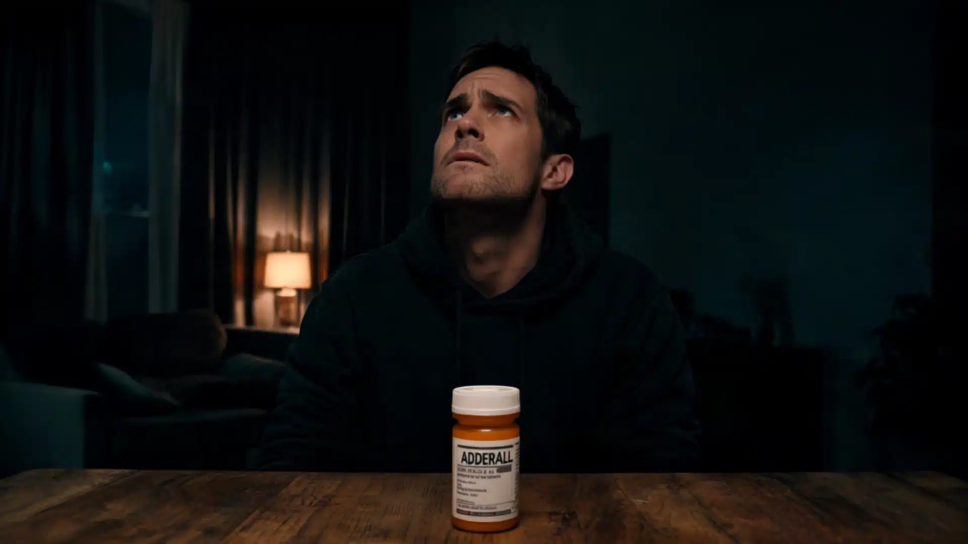 man sitting in dimly lit room looking upward with an adderall prescription bottle on the wooden table in front of him