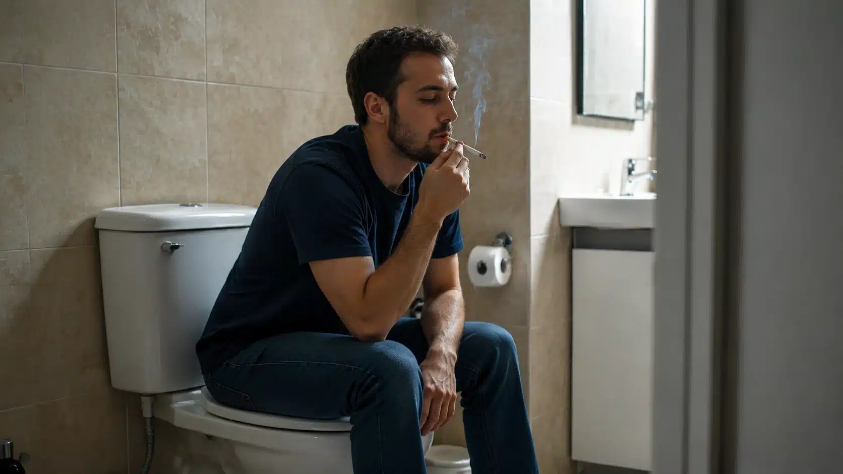 man sitting on toilet in beige-tiled bathroom, smoking cigarette, wearing navy shirt and jeans, smoke rising