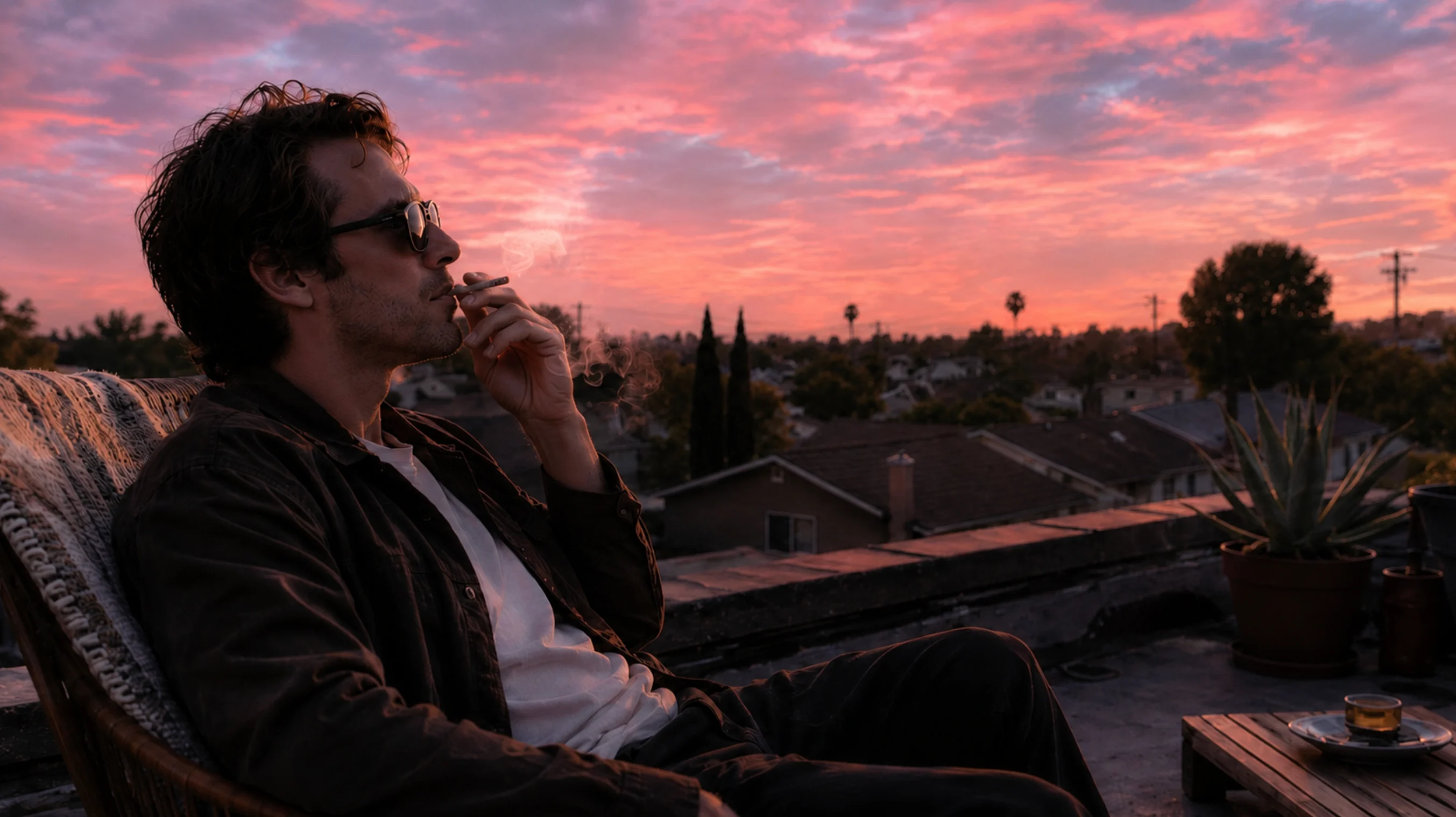 man smoking on rooftop at sunset, exploring how long does weed smell last on clothes, hair, and nearby outdoor air