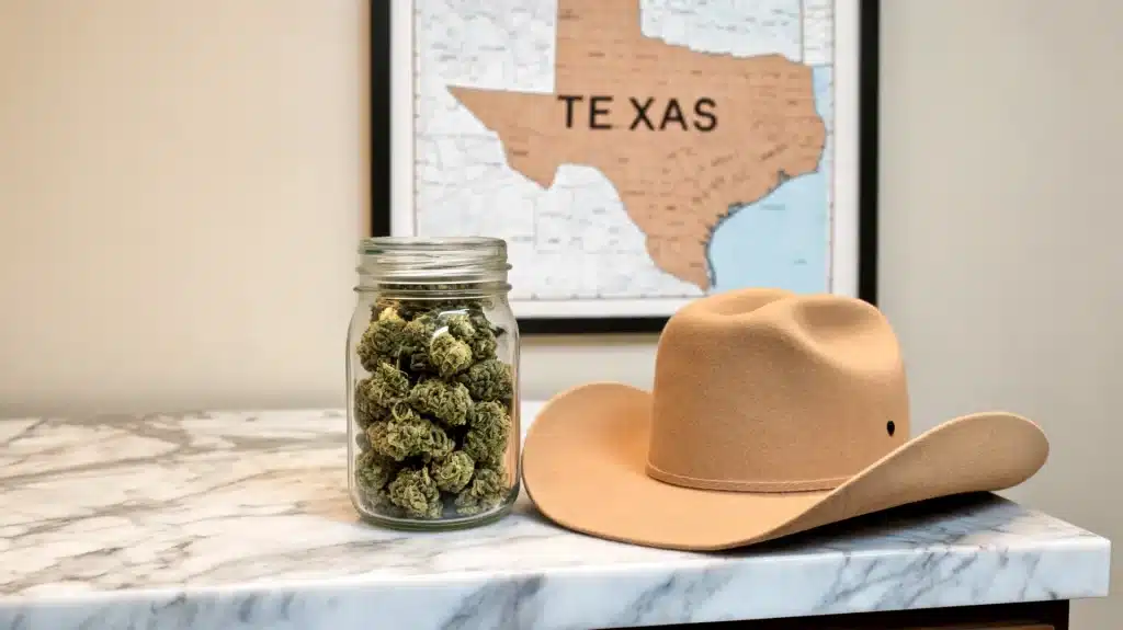 marijuana buds in a glass jar next to a cowboy hat with a texas map in the background