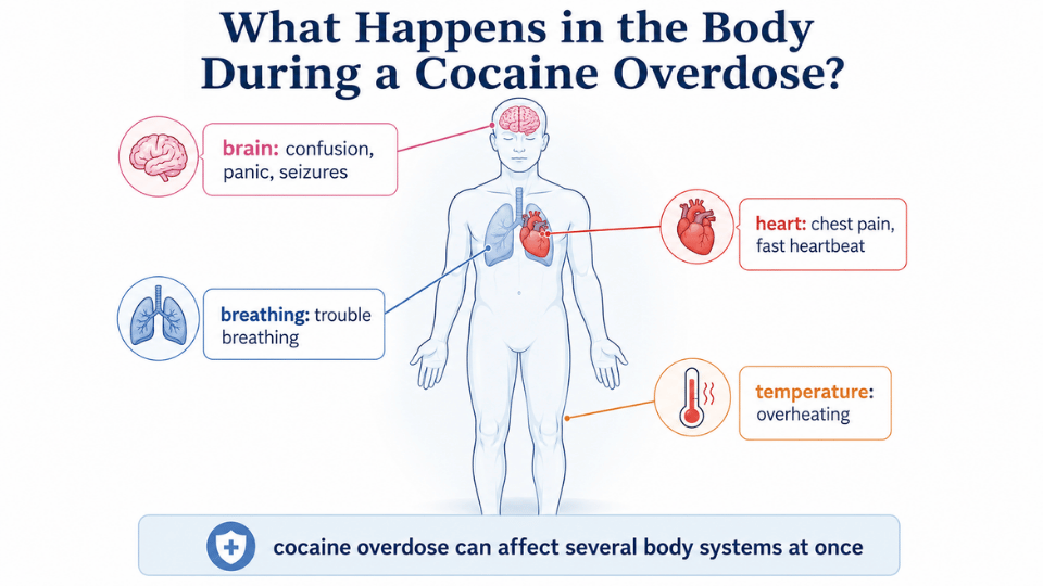 medical illustration of heart brain lungs and temperature effects during cocaine overdose