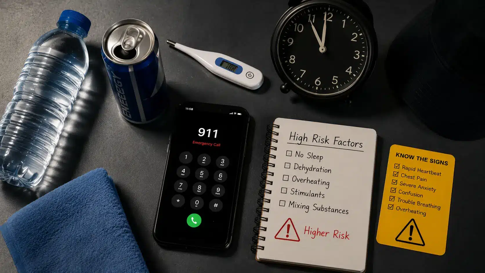 meth overdose risk factors shown with heat sleep loss dehydration and emergency call signs (1)
