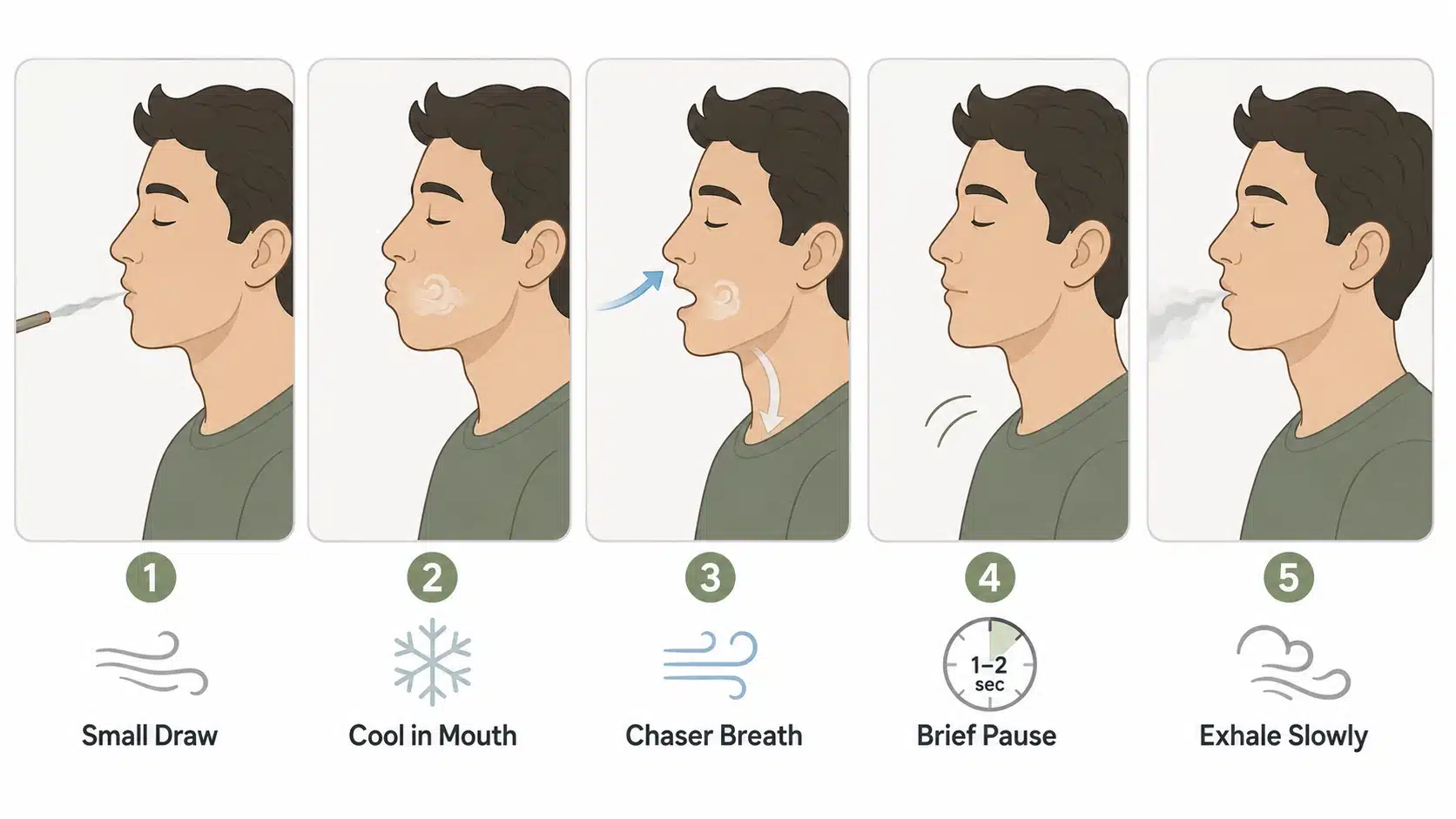 minimal five-step illustration showing small draw, mouth cooling, chaser breath, brief pause, and slow exhale with vapor