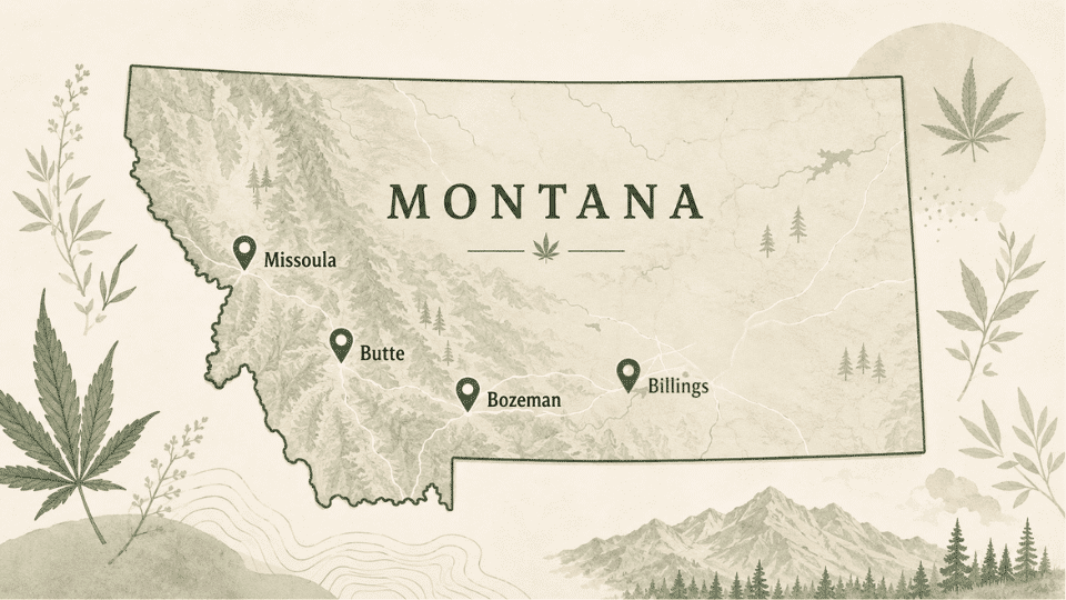 montana map with cannabis dispensary pins for bozeman butte missoula and billings