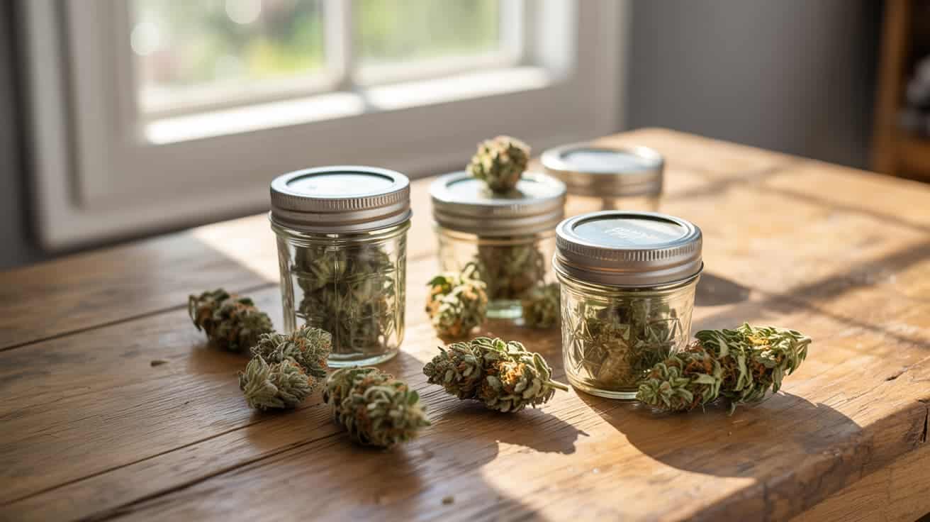 multiple cannabis buds in open jars on table with natural lighting and detailed texture