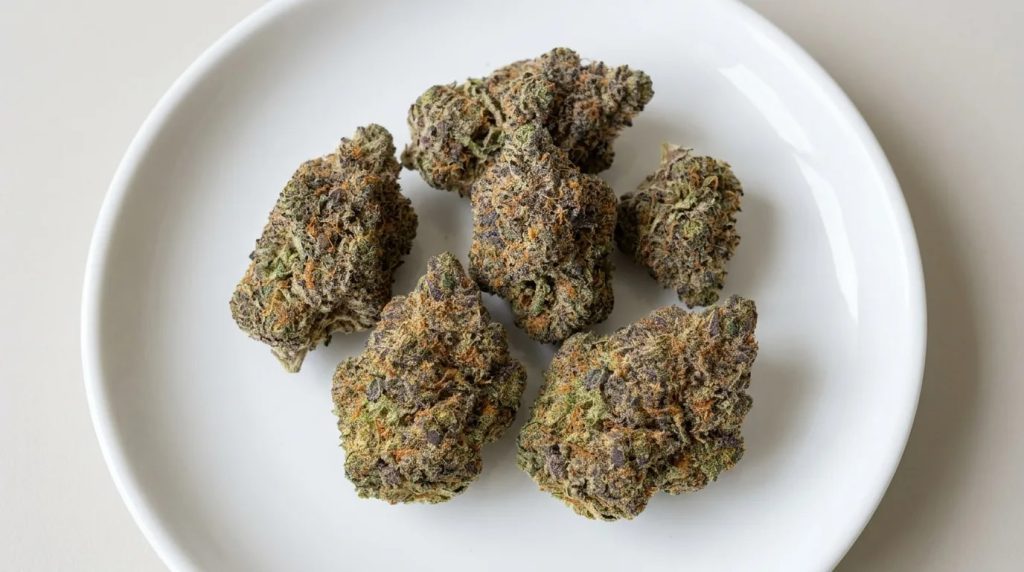 Multiple Zkittlez cannabis buds are displayed on a clean white ceramic plate, showing dense trichome coverage