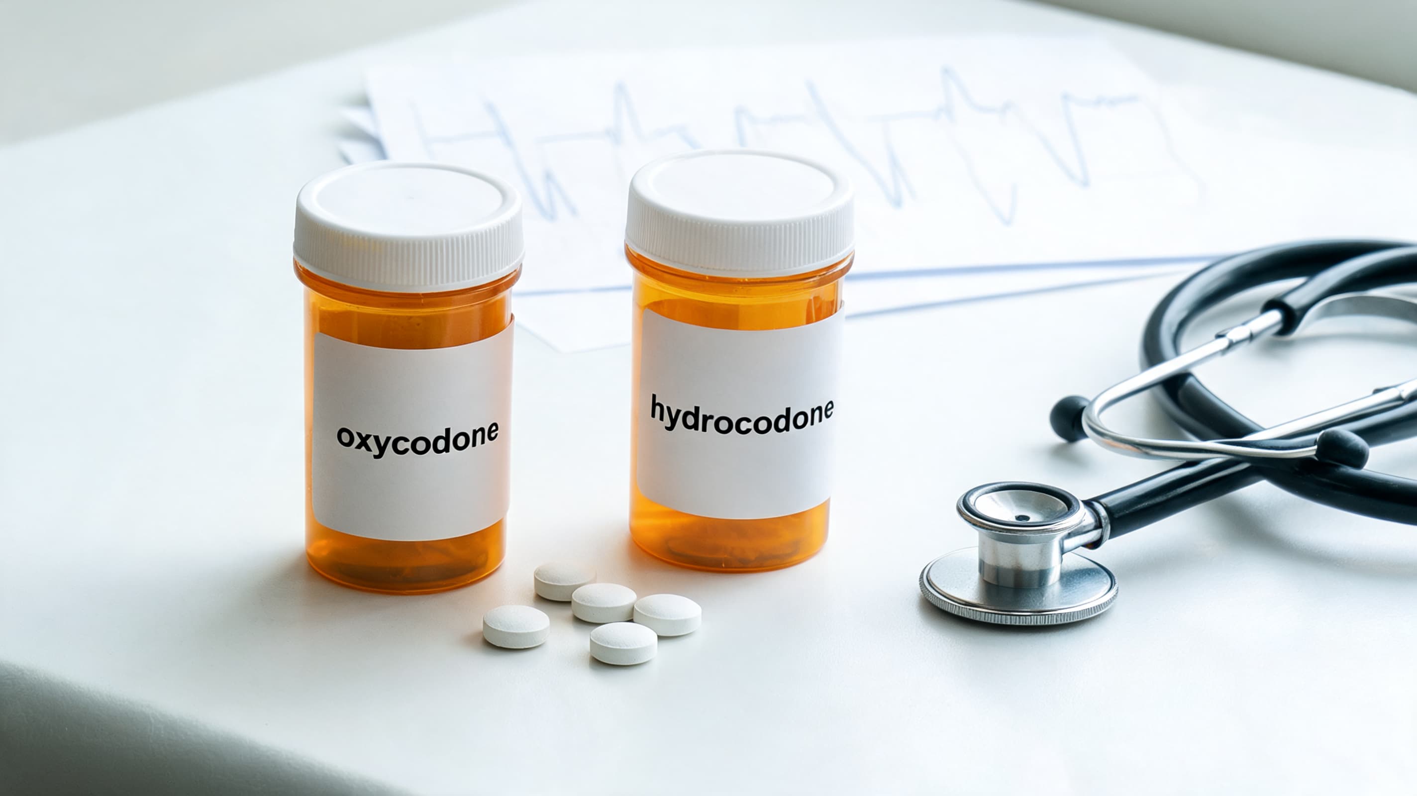 opioid pain medicine bottles labeled oxycodone and hydrocodone beside a breathing chart