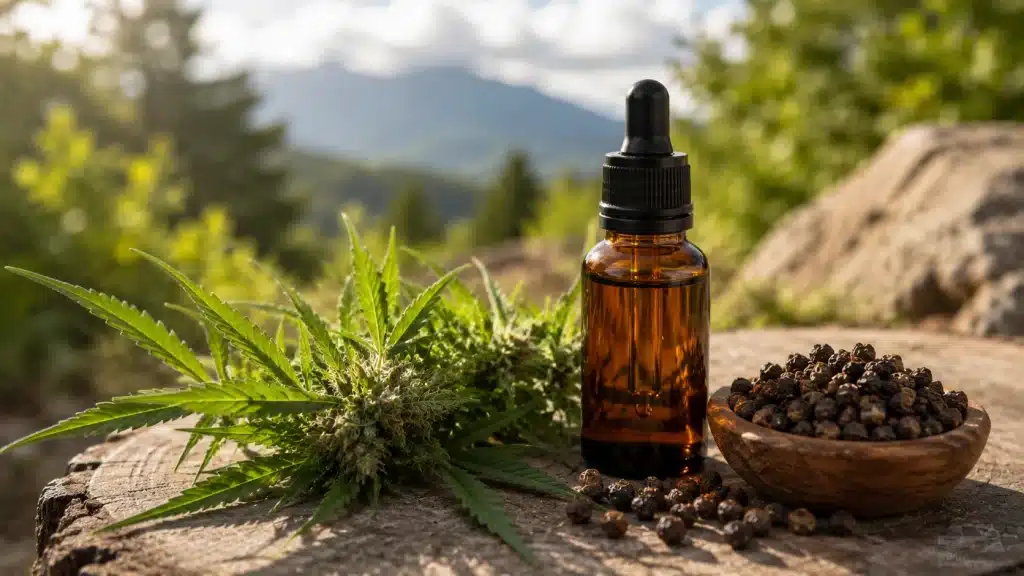 outdoor bottle, cannabis leaves, buds, and peppercorns show caryophyllene terpene effects in a natural setting