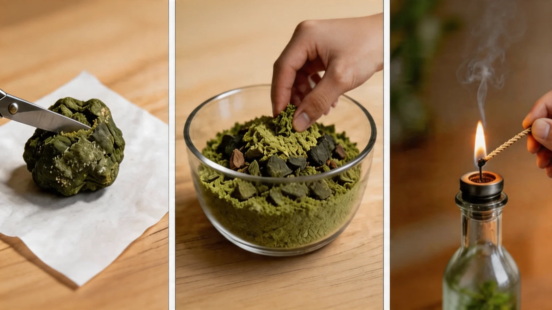panel image showing cannabis moon rock, scissors cutting a bud, kief-coated pieces in a bowl, and a hand lighting a pipe