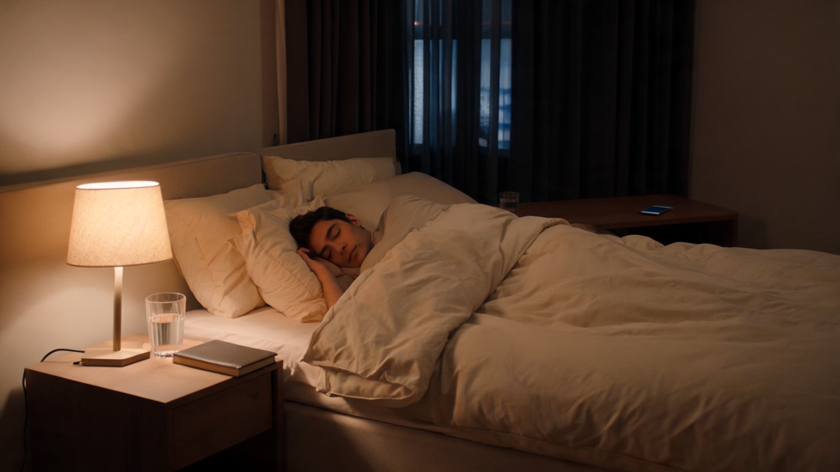 person in calm bedroom with water book and phone away from bed to support better detox sleep