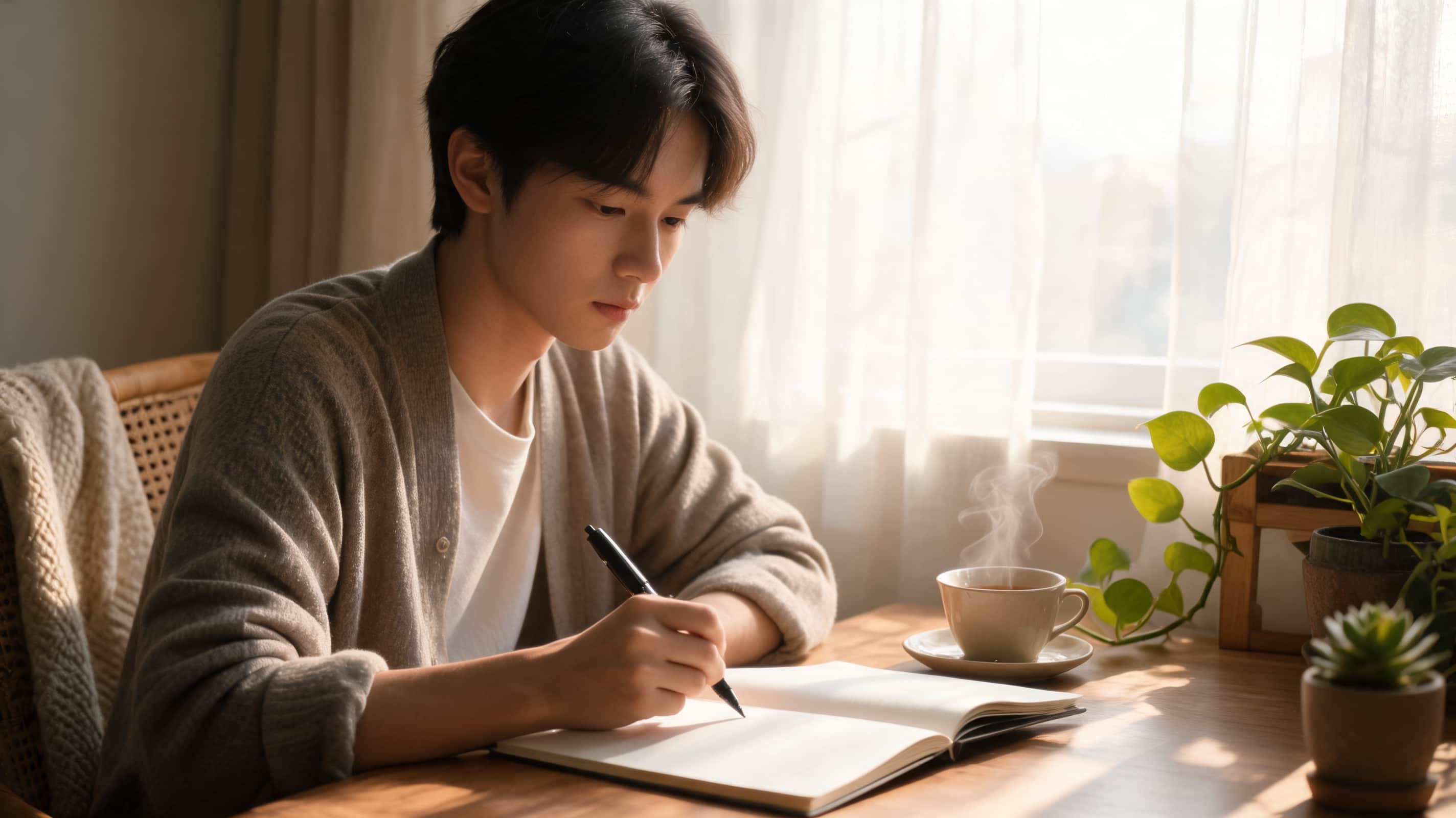 person journaling with tea in a calm room to manage stress during cannabis withdrawal