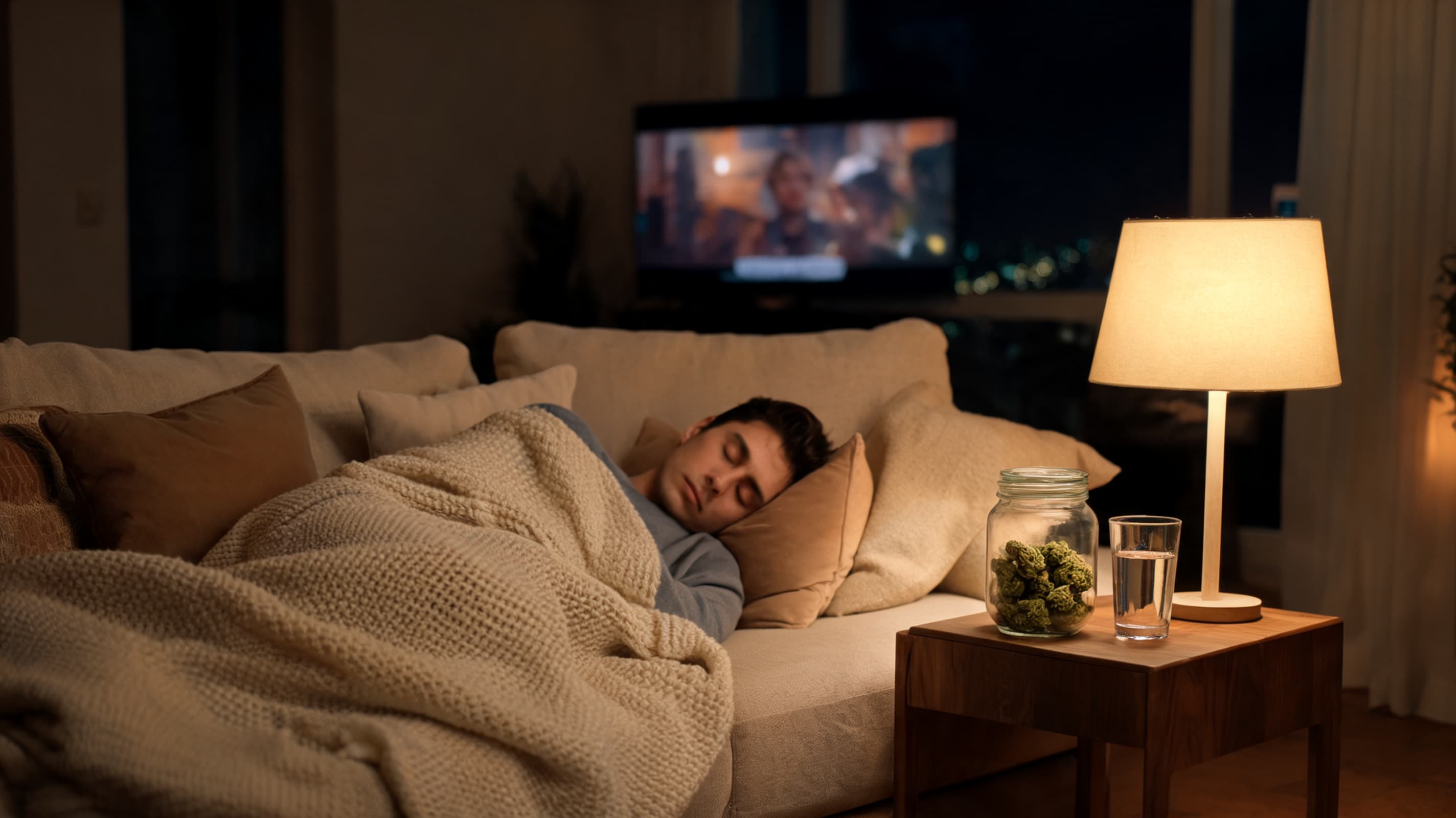 person on a quiet evening couch setup with slurricane jar for relaxing effects