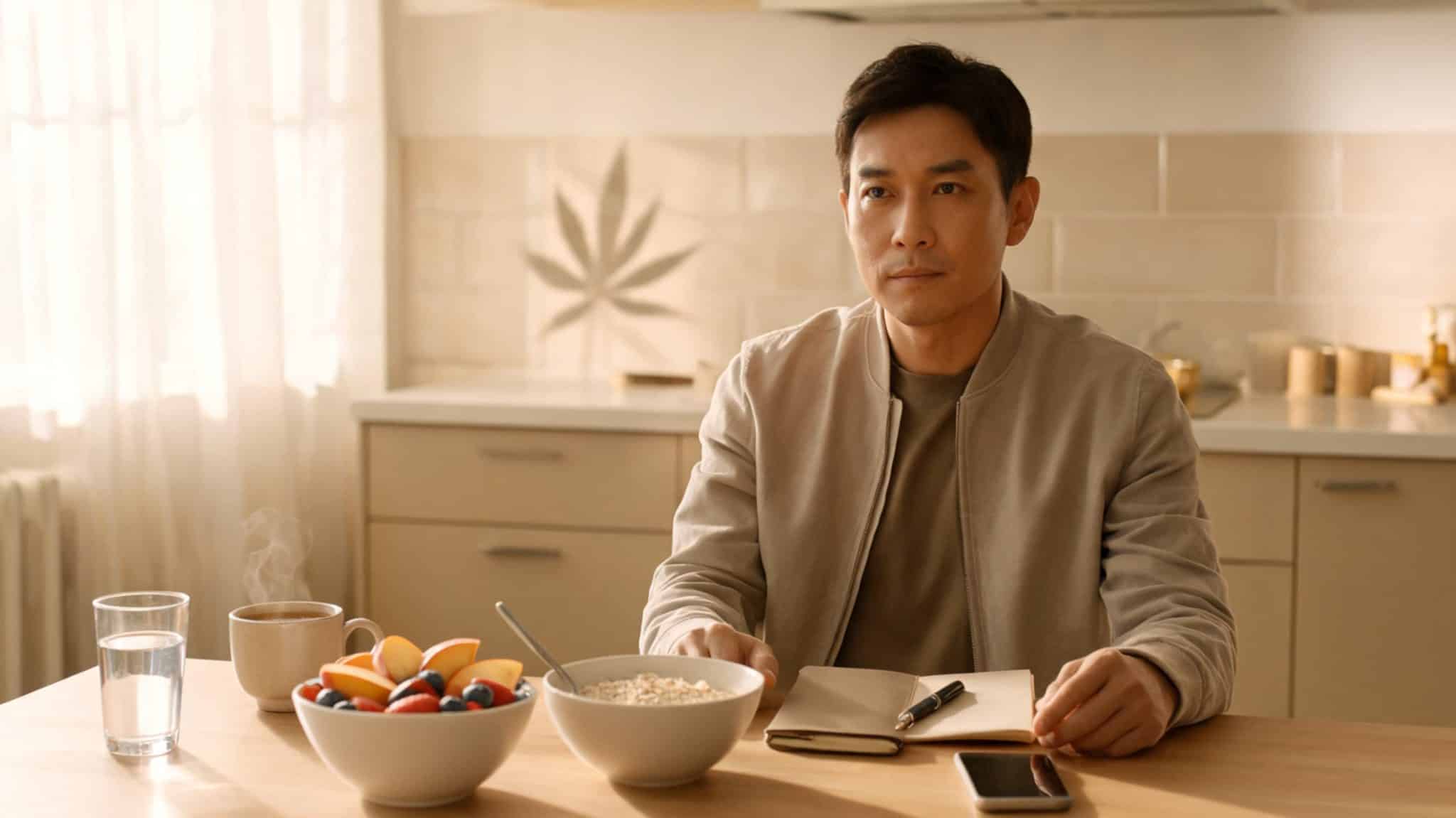 person sitting at a kitchen table with water tea fruit and a journal during home weed detox