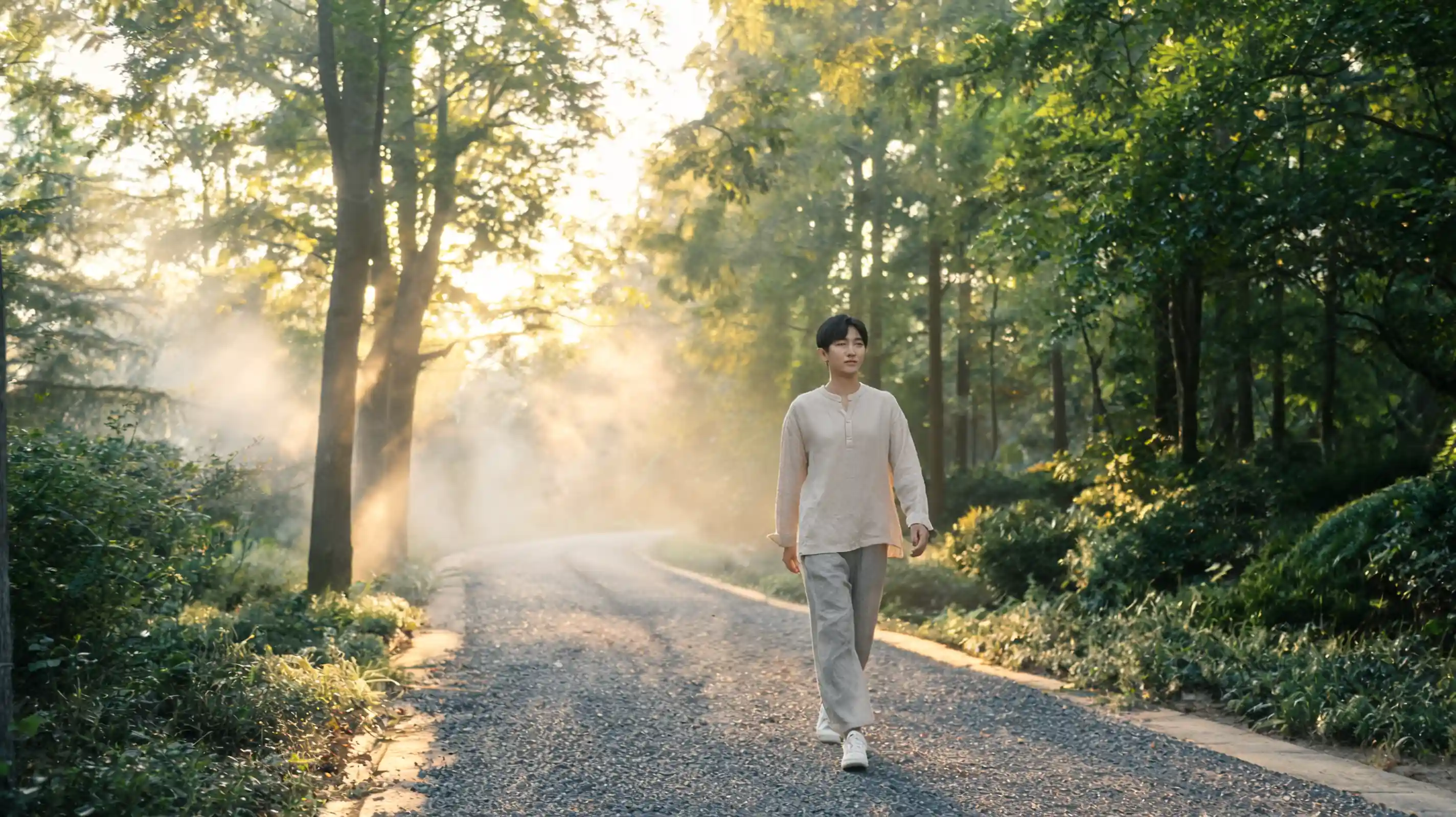 person taking a gentle morning walk to support mood and sleep during weed detox