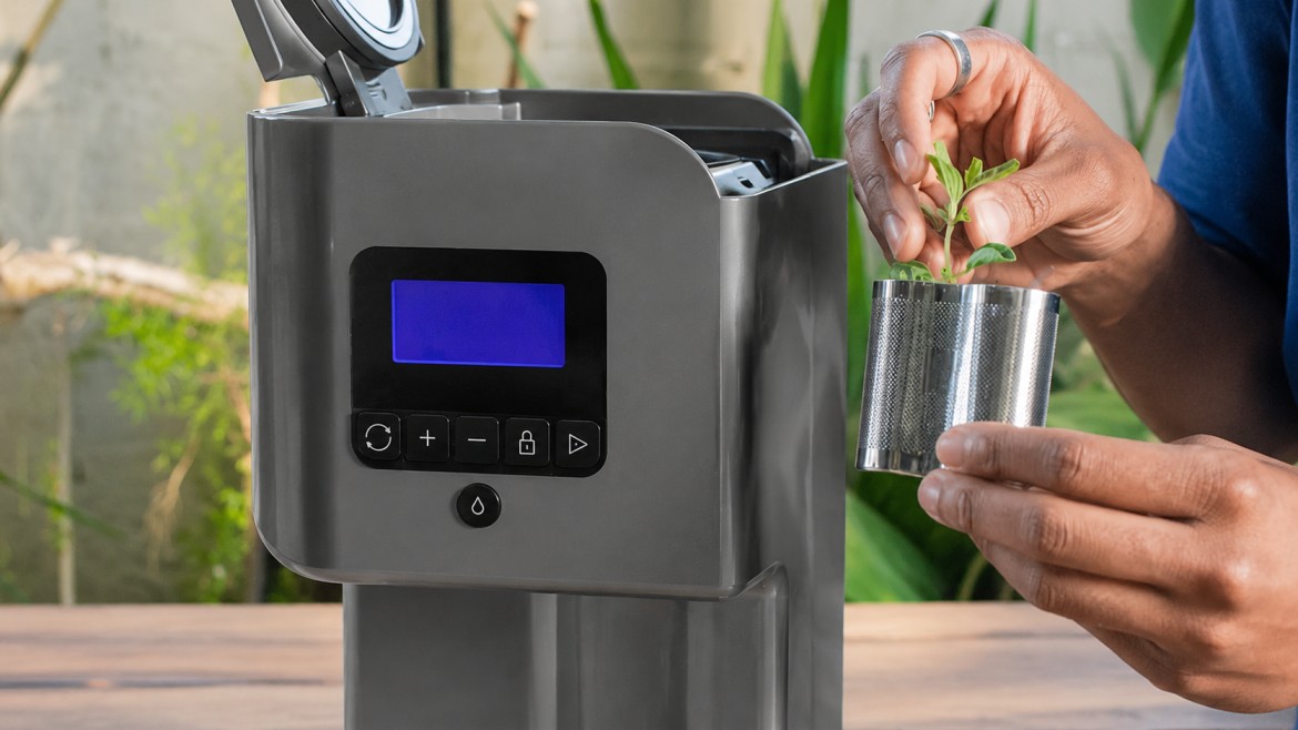 how to decarb weed with fresh green leaves placed in a metal pod beside a digital drying machine