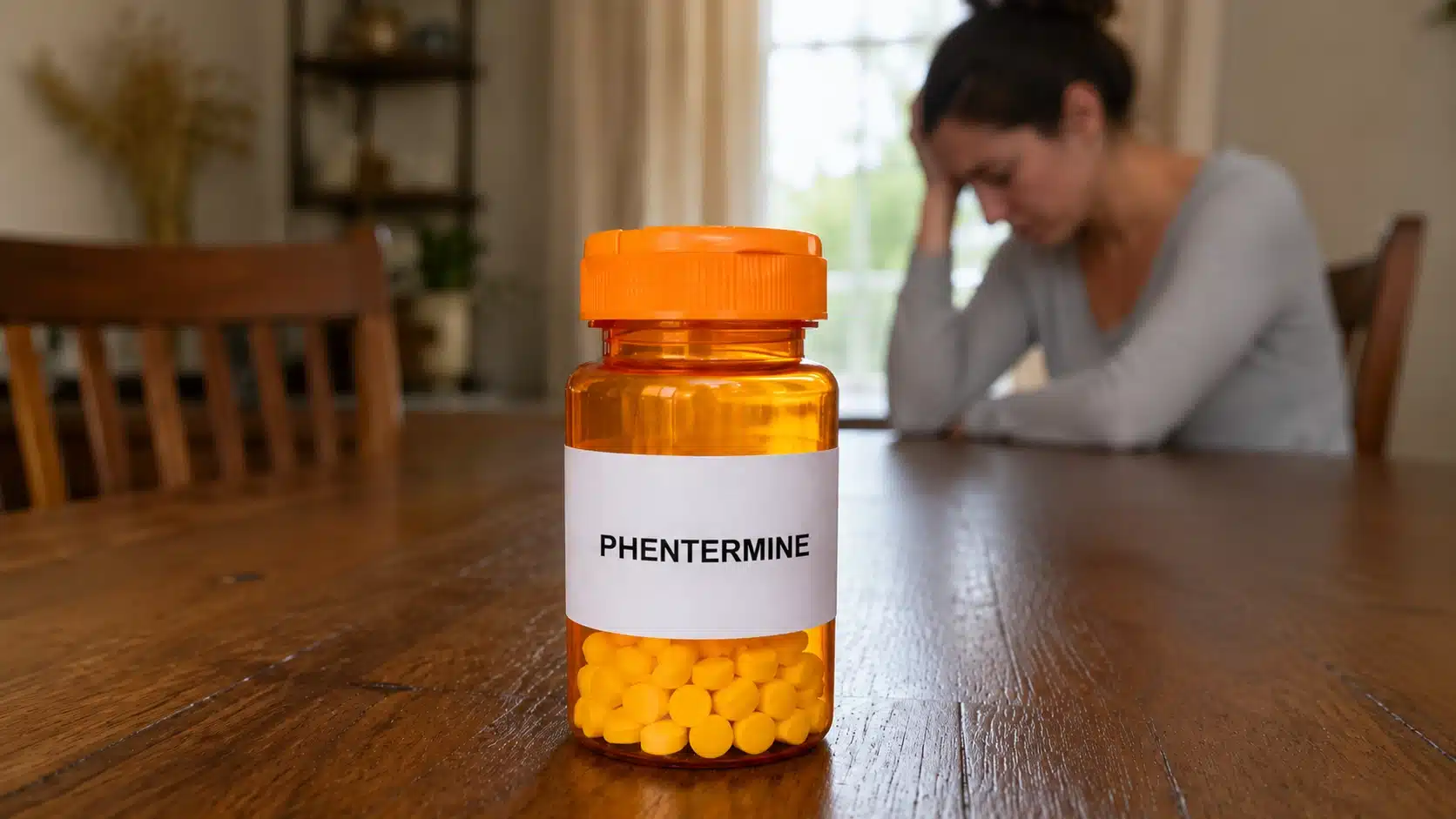 phentermine bottle on dining table with distressed woman behind it, representing phentermine side effects in female