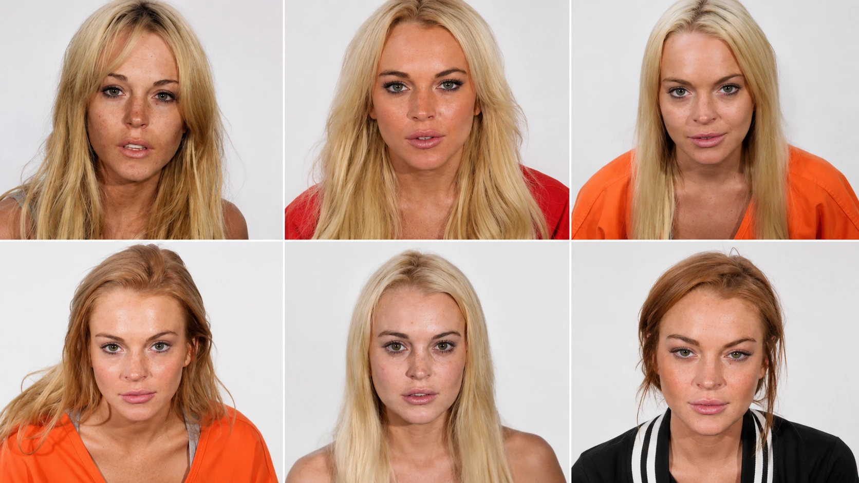 photo collage of lindsay lohan on drugs showing multiple mugshots of her throughout the years, against white background