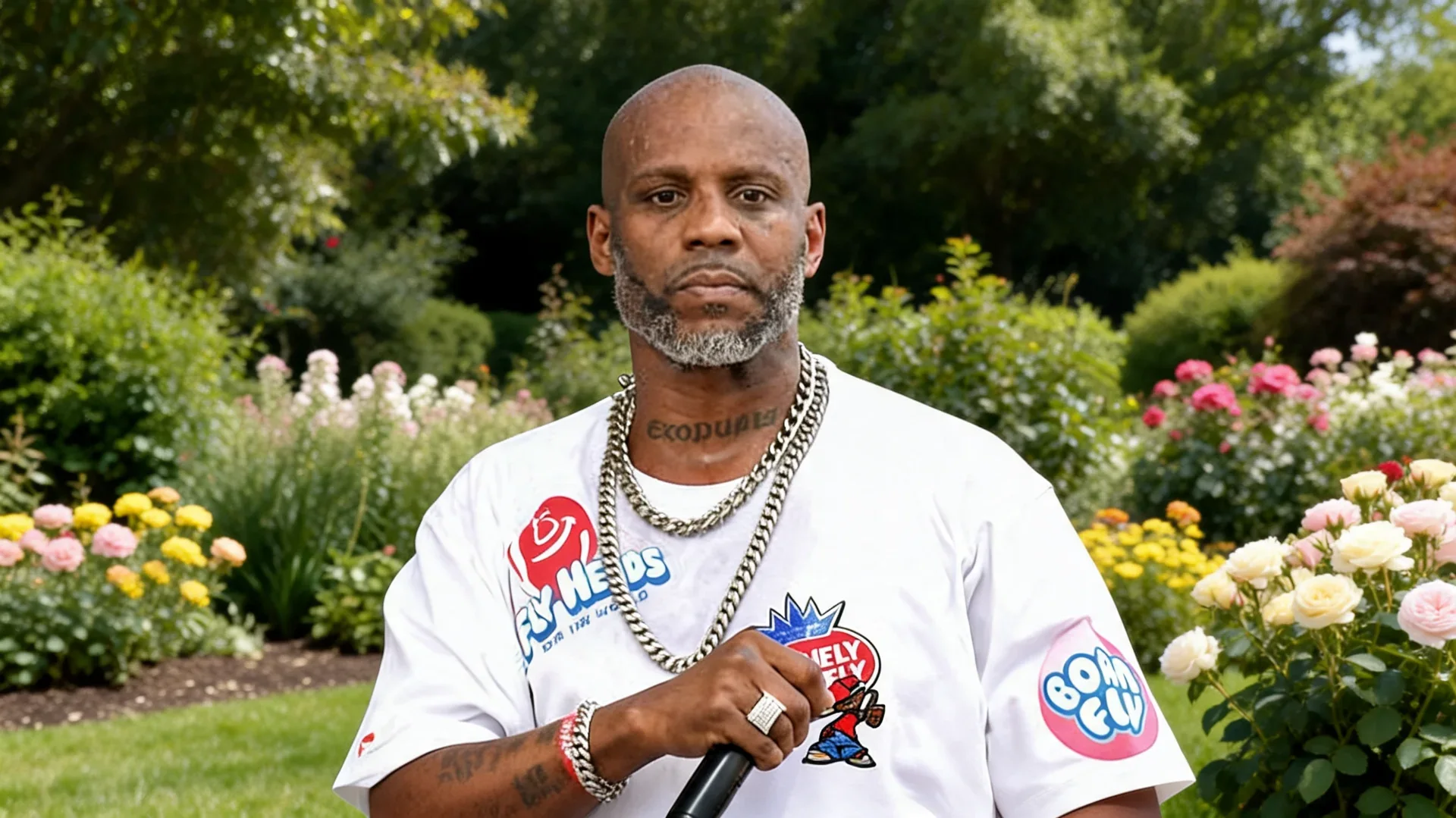 portrait of a man wearing chains and a graphic shirt while standing in a colorful garden holding a microphone outdoors