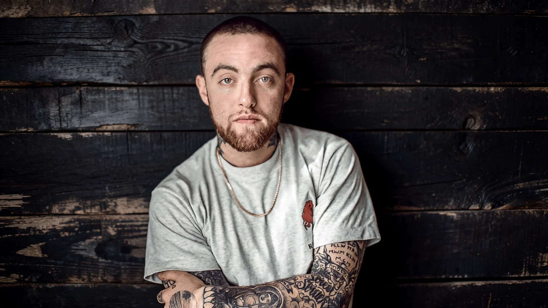 portrait of a tattooed man with shaved hair and beard wearing a gray shirt against a dark wooden wall background