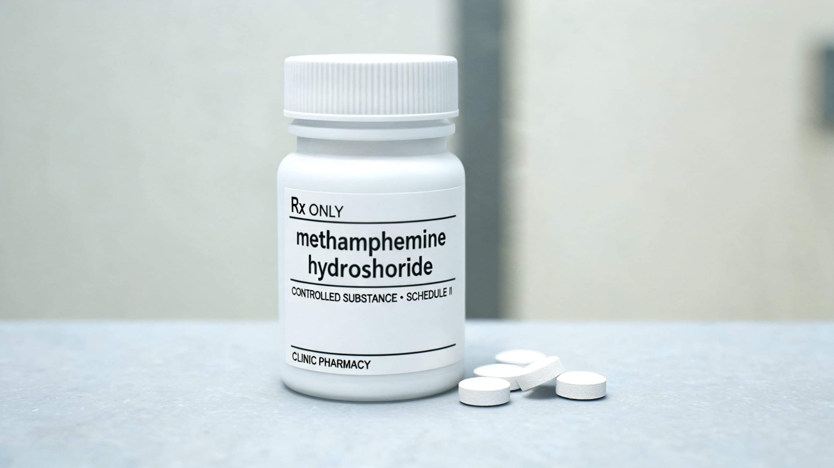 prescription bottle labeled methamphetamine hydrochloride with tablets on a clean medical table setup