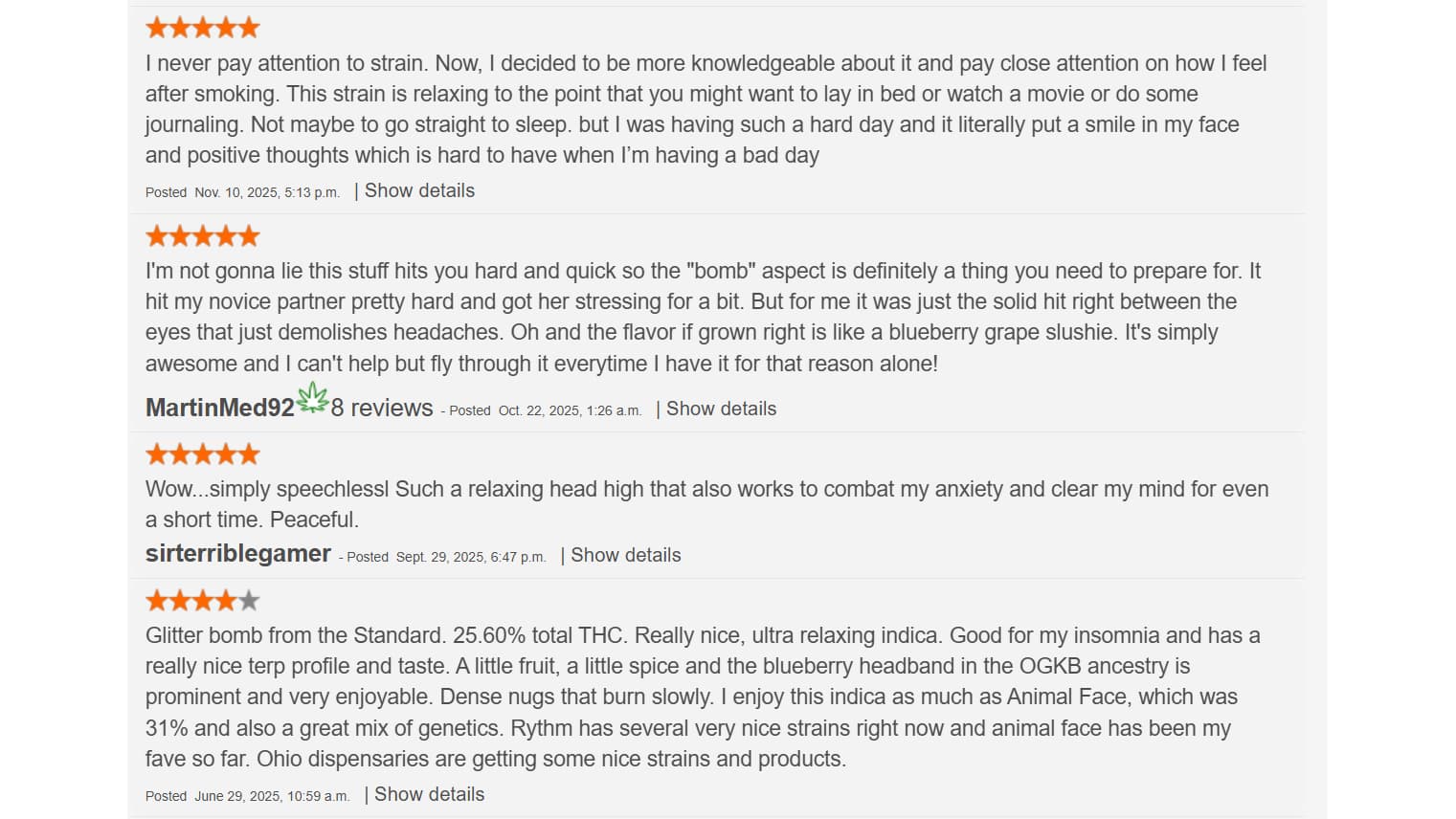 review comments glitter bomb cannabis strain star ratings user experiences relaxation anxiety sleep
