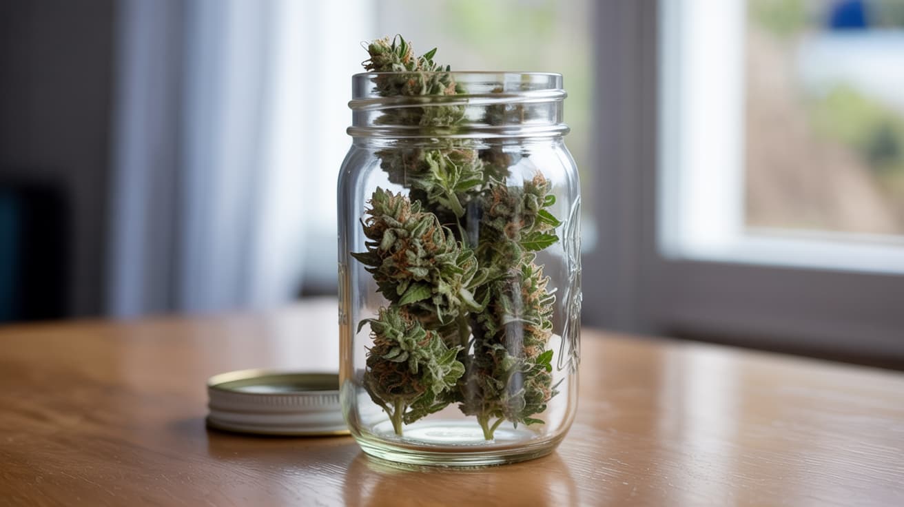 rugged cannabis buds inside glass jar on dark table with moody lighting and strong texture