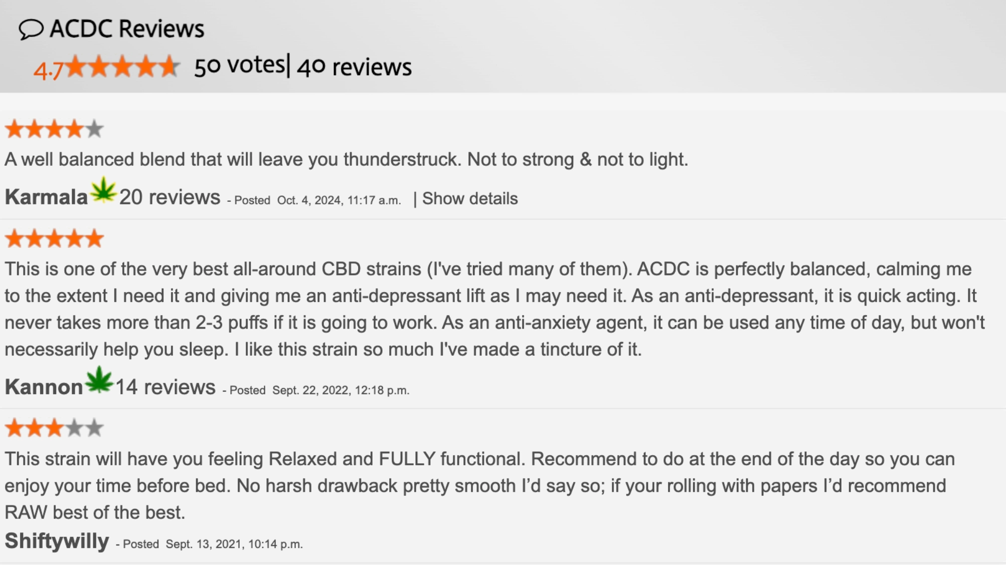 screenshot of acdc strain reviews on allbud, showing ratings and user feedback about its balance, effects, and benefits