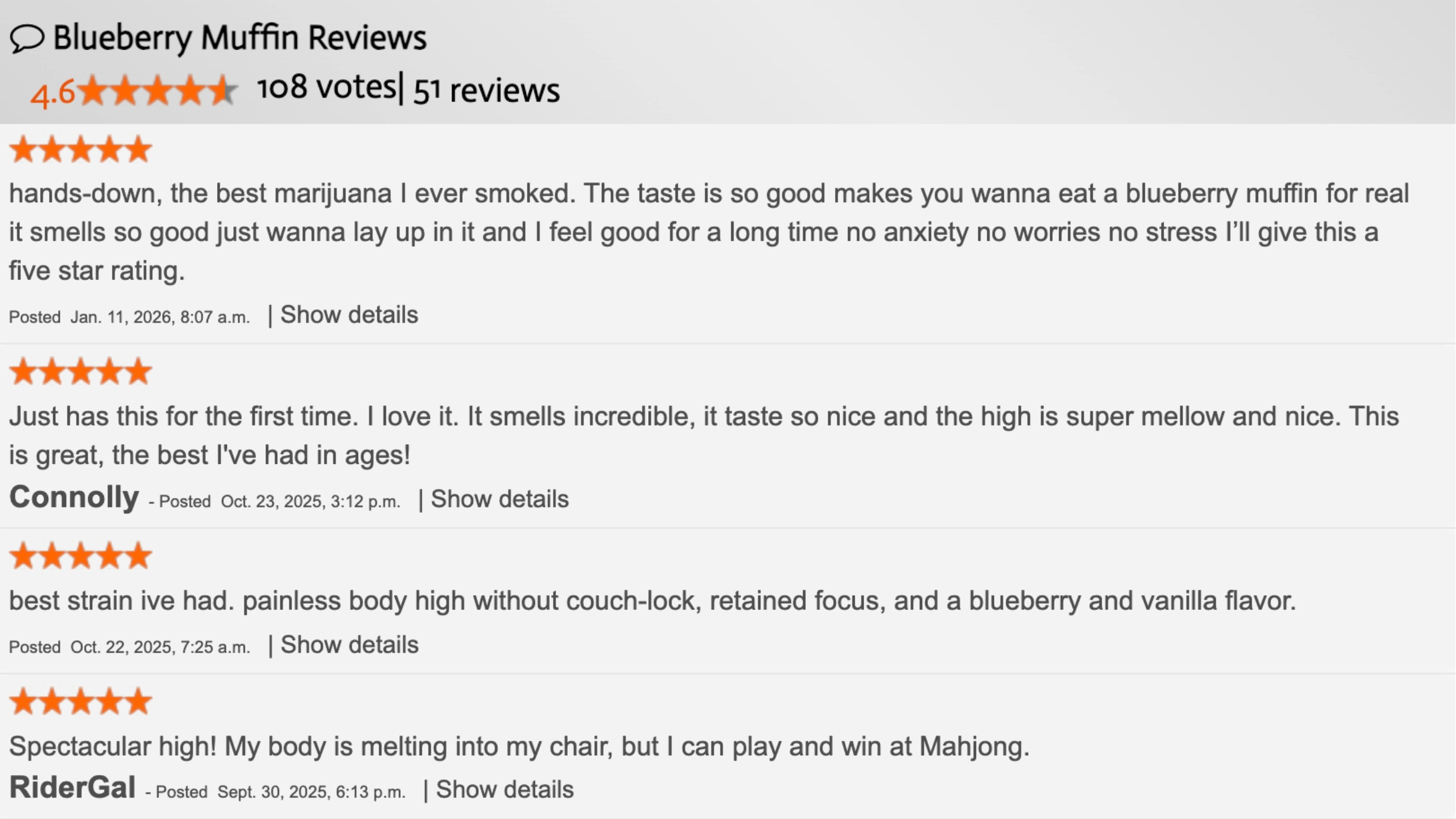 screenshot of blueberry muffin marijuana reviews showing 4.6-star rating, 108 votes, and multiple detailed user comments