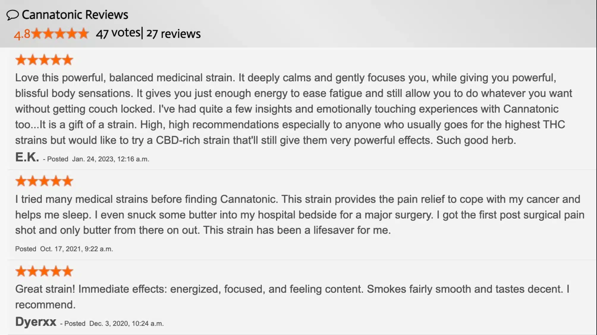 screenshot of cannatonic strain reviews, showing user feedback on its calming, pain-relieving, and energizing effects