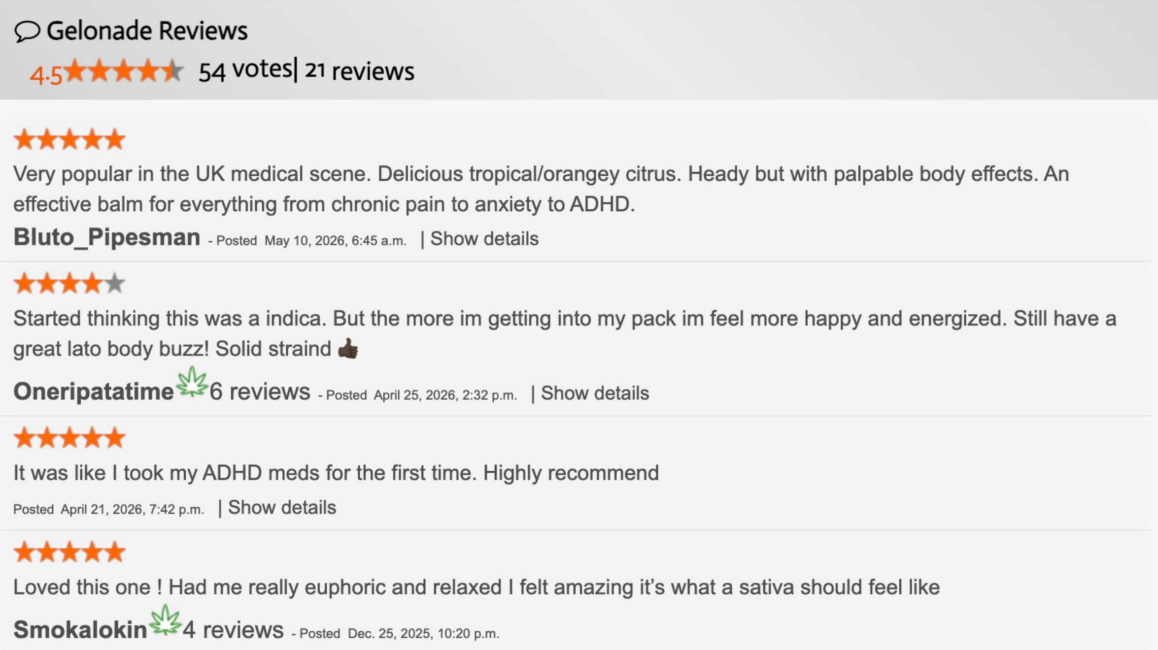 screenshot of gelonade strain reviews showing star ratings and user comments from allbudโs community review section