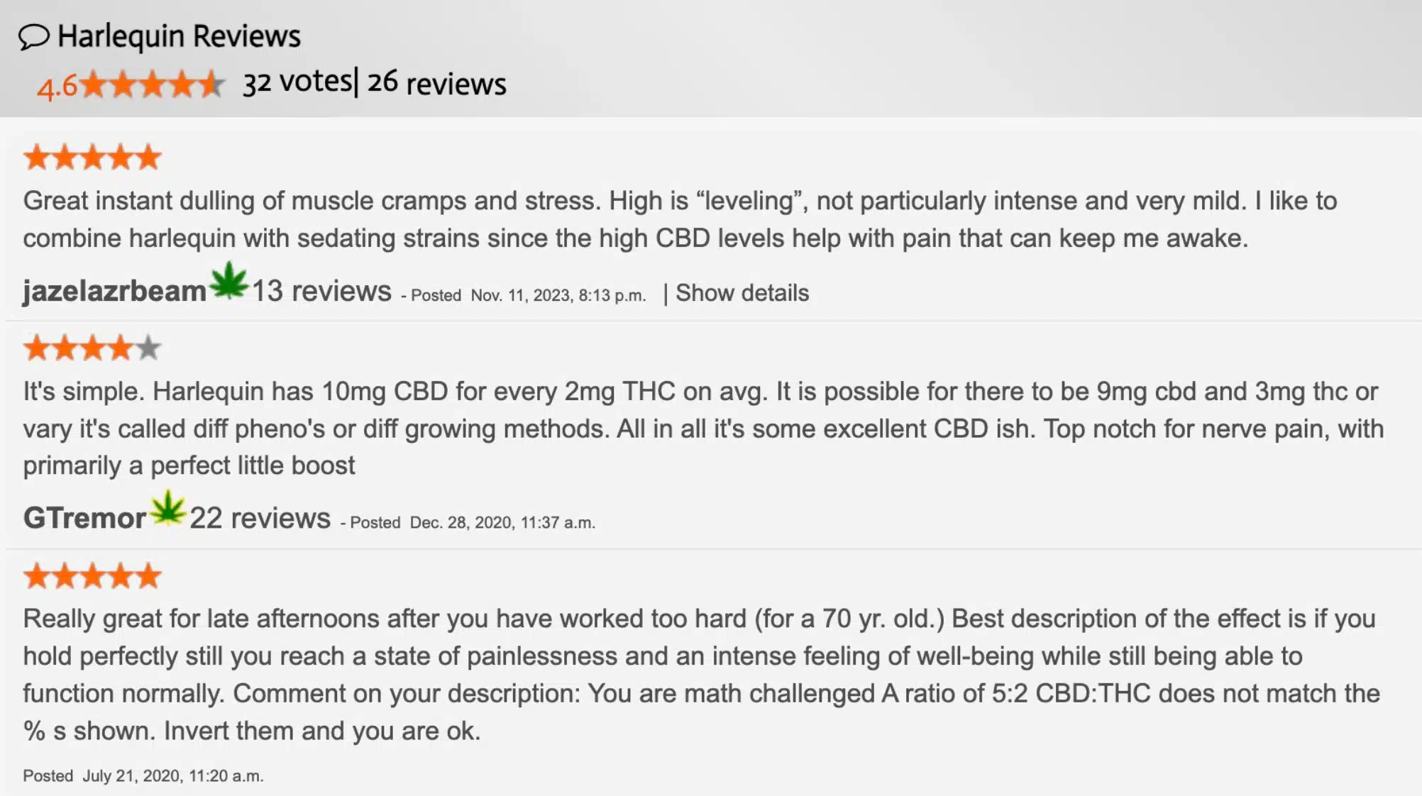 screenshot of harlequin strain reviews discussing cbd-to-thc ratio, pain relief, stress reduction, effects, and benefits