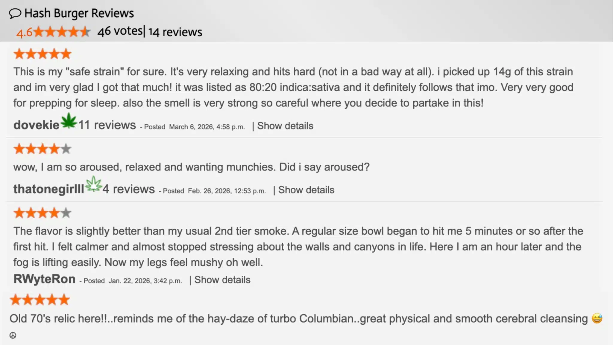 screenshot of hash burger strain reviews showing star ratings, user comments about mental and physical effects