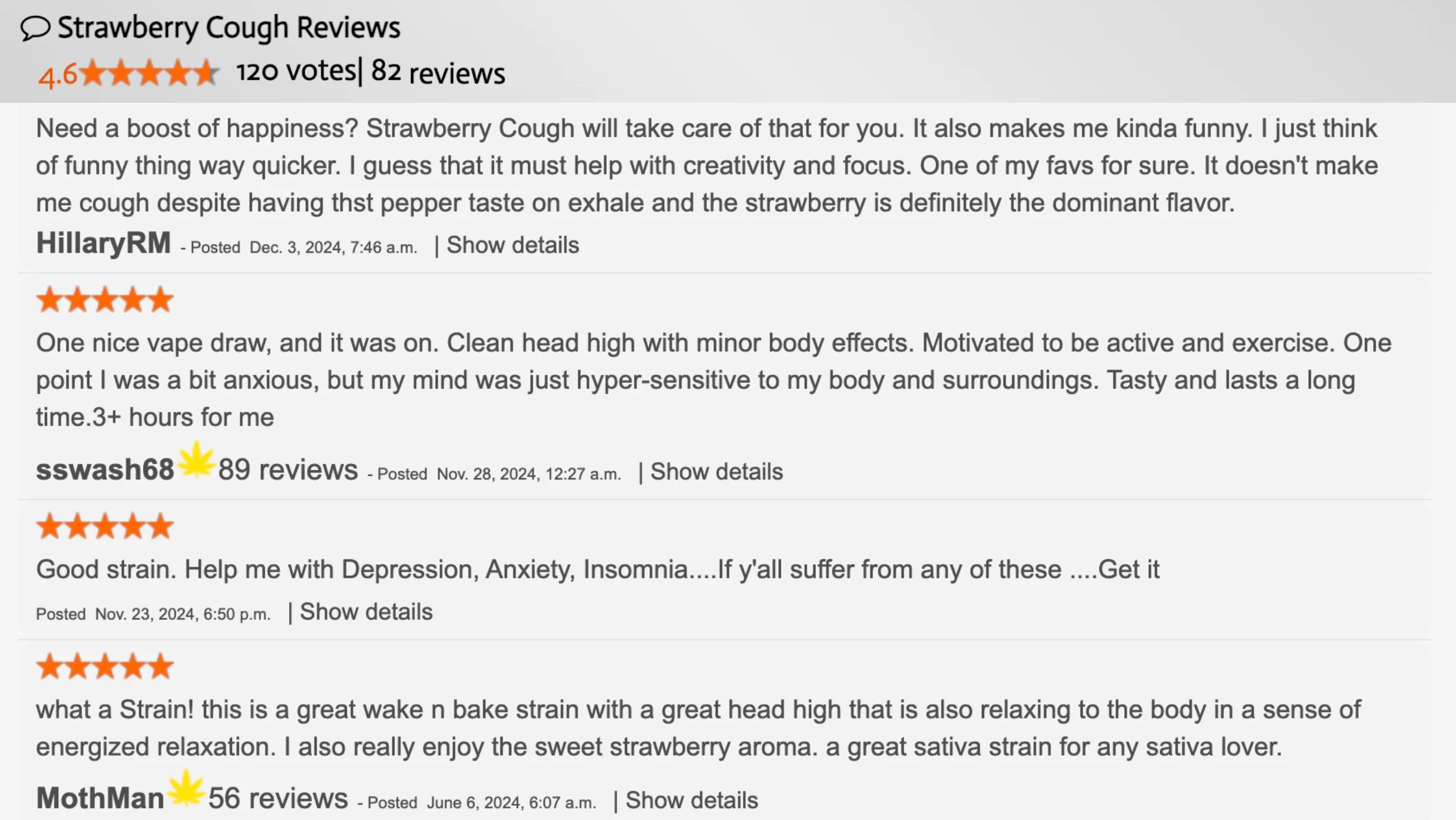 screenshot of strawberry cough user reviews showing ratings, comments, highlighting effects, flavor, and user experience