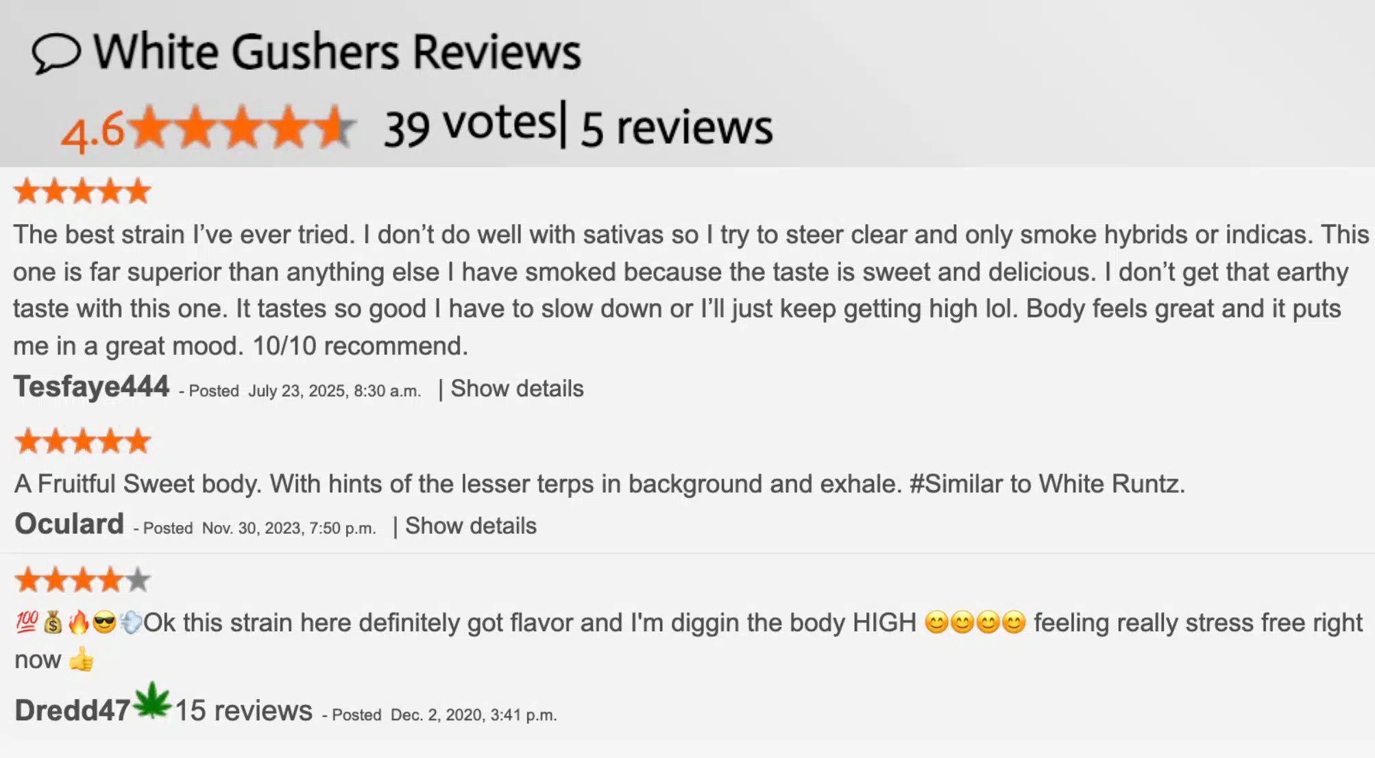 screenshot of white gushers strain reviews, showing user feedback on its sweet flavor, body effects, and other qualities