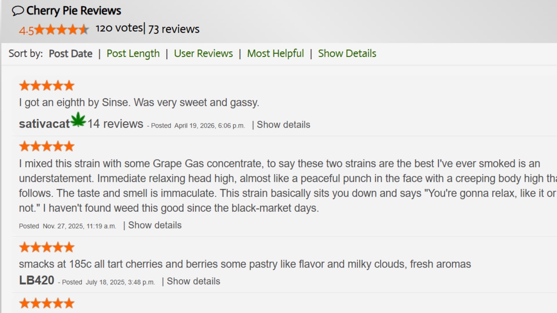 screenshot showing Cherry Pie strain reviews with 4.5 star rating, user comments, flavor notes, and descriptions of relaxing balanced cannabis effects
