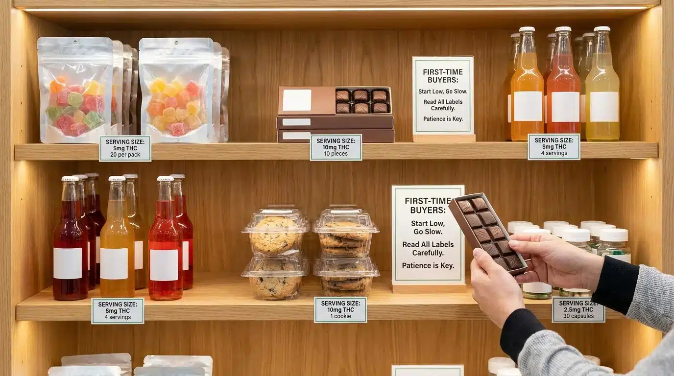 sealed cannabis gummies chocolates drinks and capsules on a neat dispensary shelf with serving size labels (2)