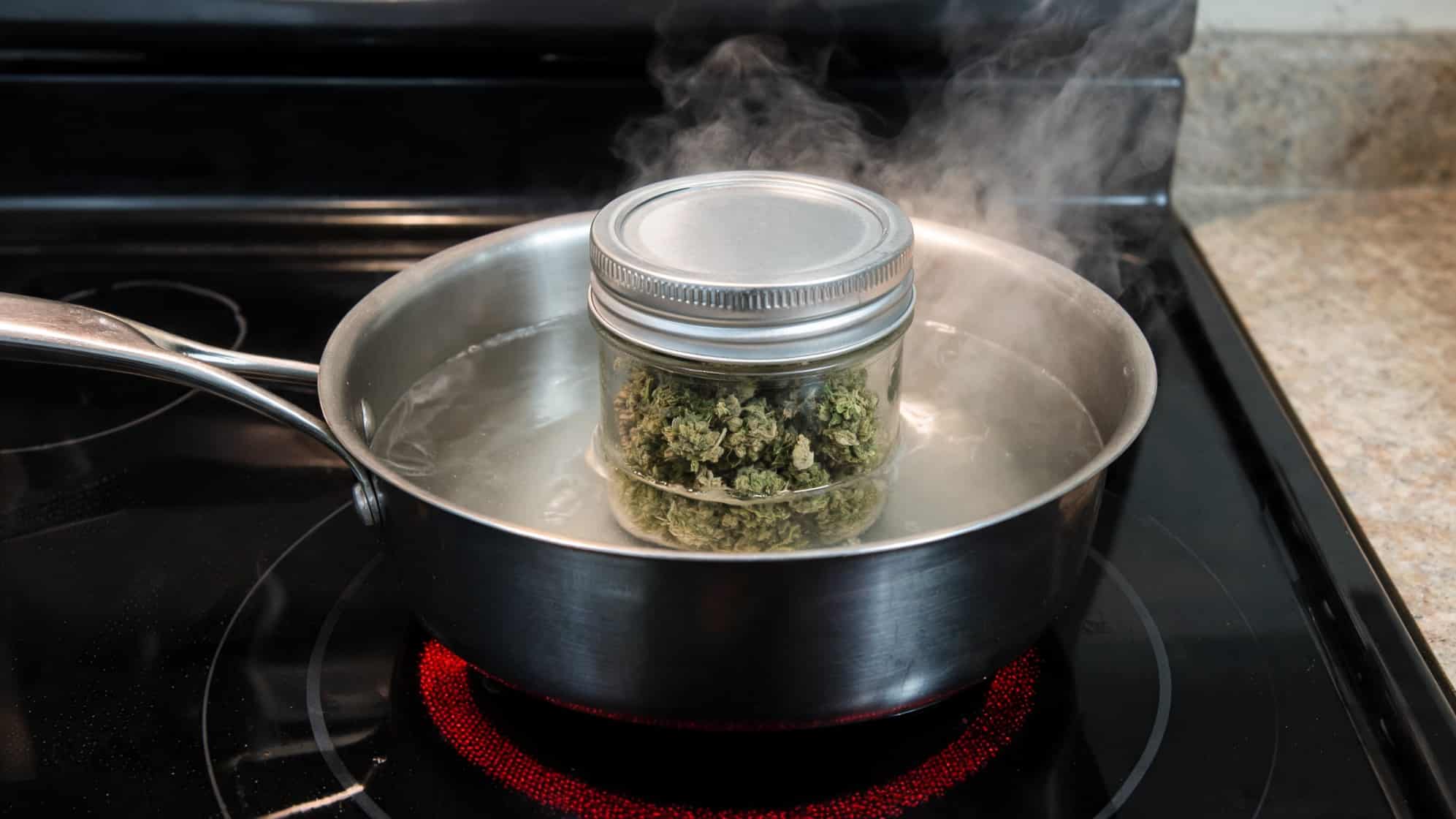 how to decarb weed in a sealed mason jar inside a steaming water bath on a stovetop