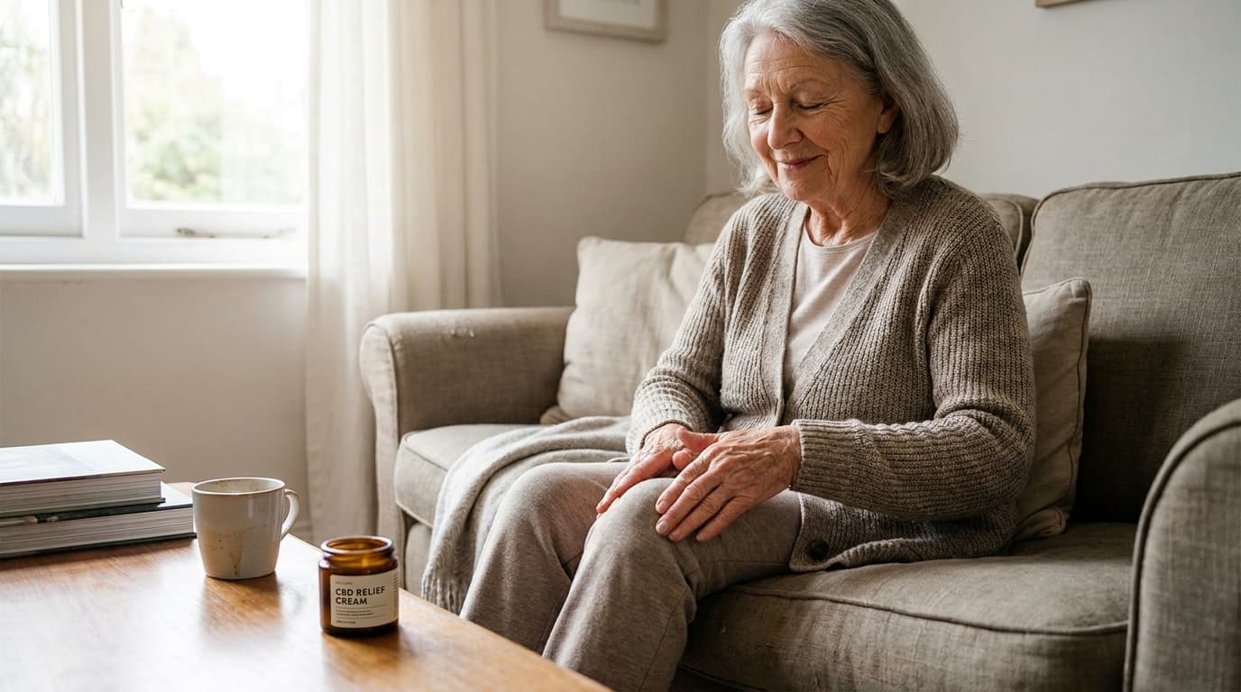 senior applying relief cream on knee for joint pain and comfort support