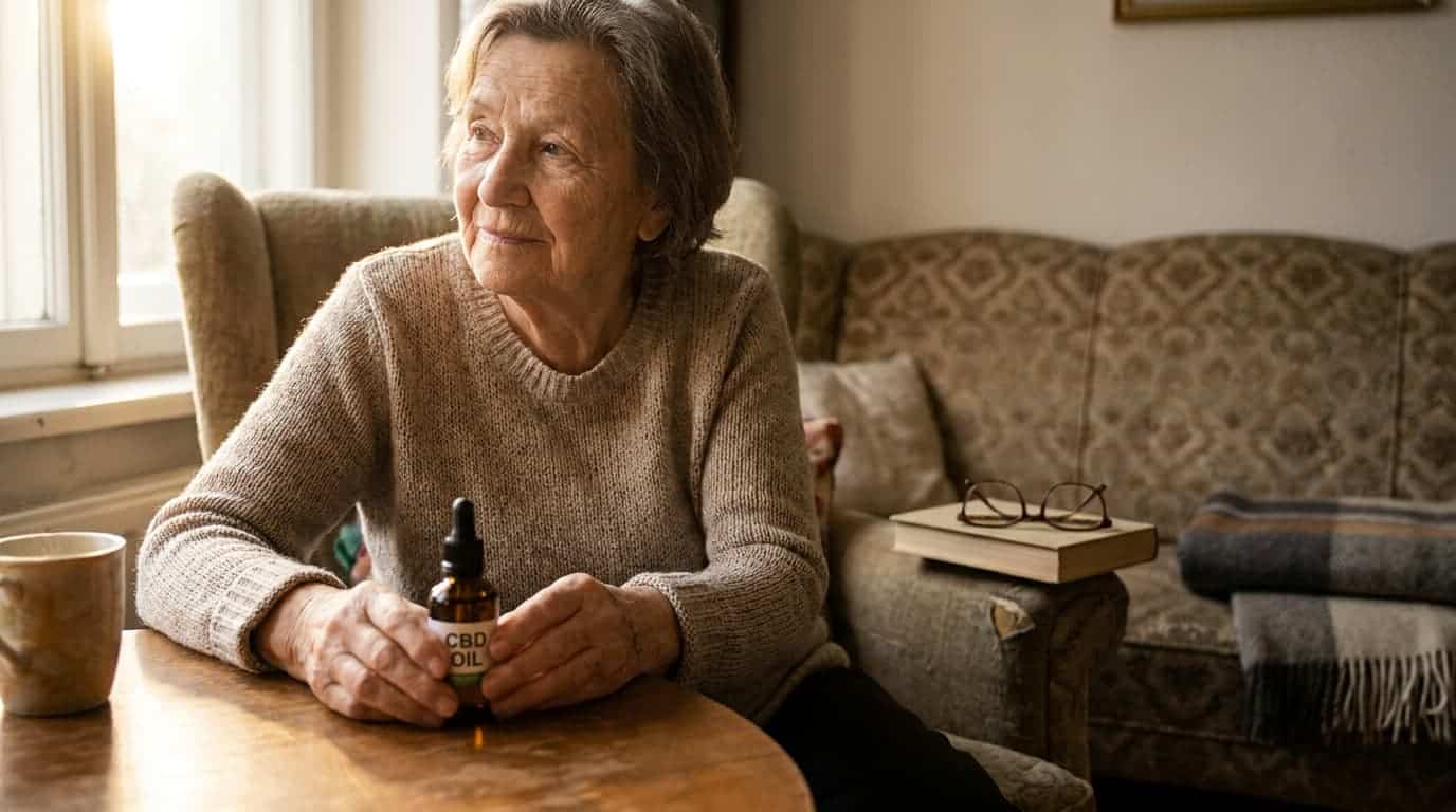 senior holding cbd oil bottle in calm home setting for wellness support and comfort