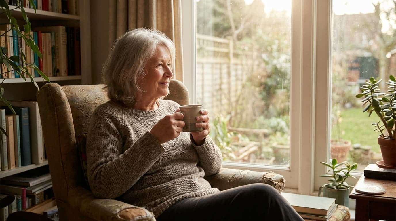 senior relaxing by window showing reduced stress and calm emotional state