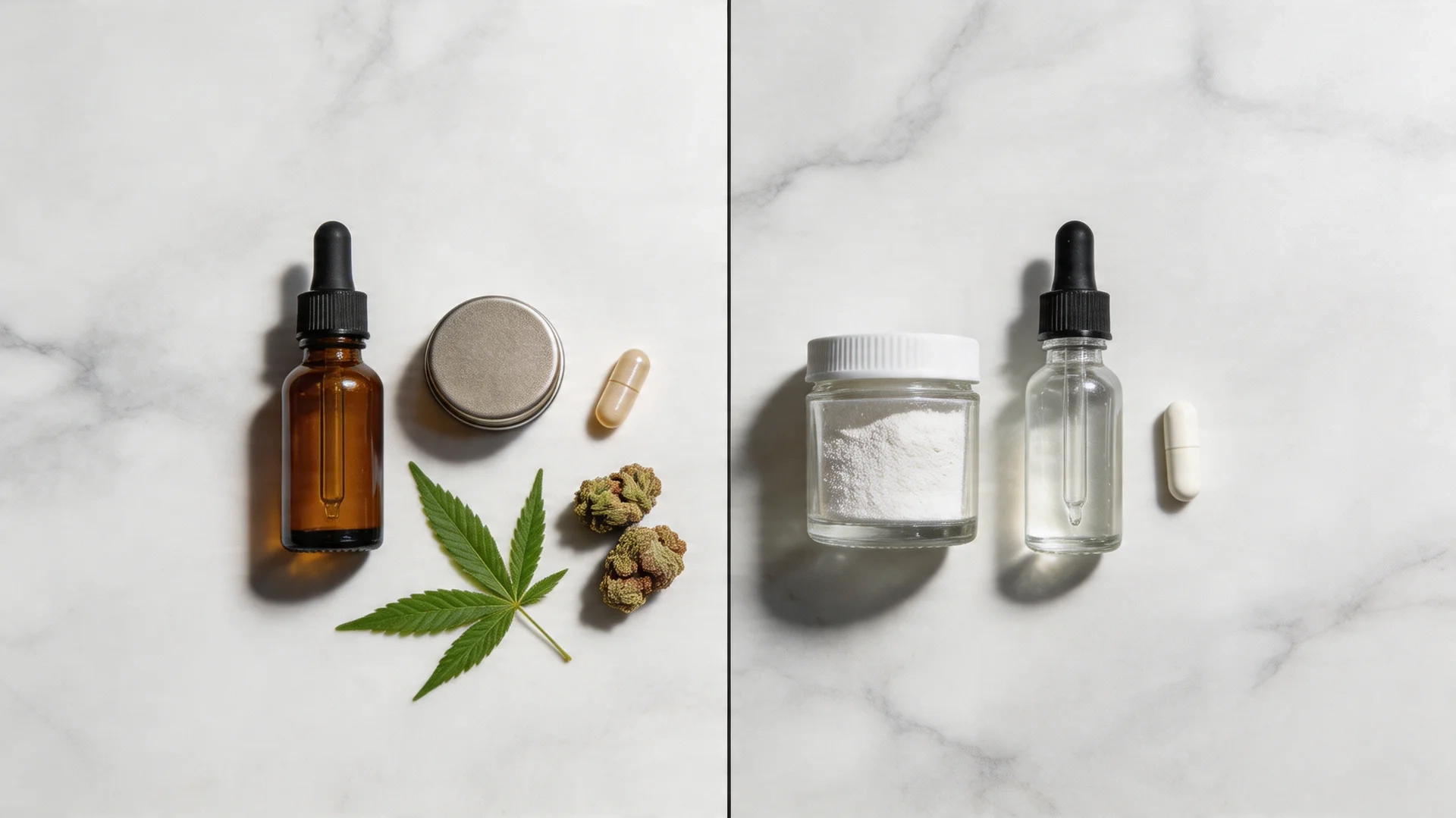 side by side comparing hemp extract products with leaf and buds against cbd powder, dropper bottle, and capsules