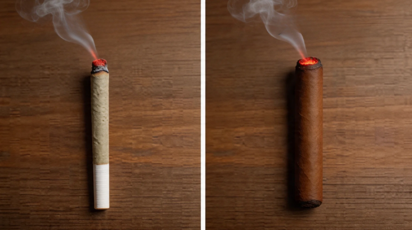 side-by-side comparison of a lit joint with and a lit cannabis blunt with a brown tobacco wrap on a wooden surface