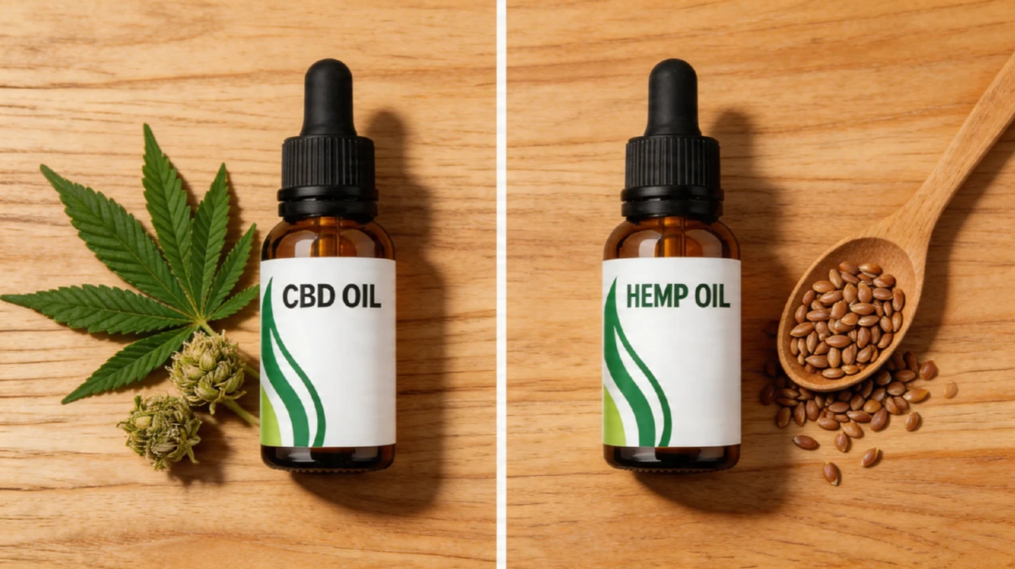 side by side comparison of cbd oil with a cannabis leaf and bud versus hemp oil with a wooden spoon of hemp seeds